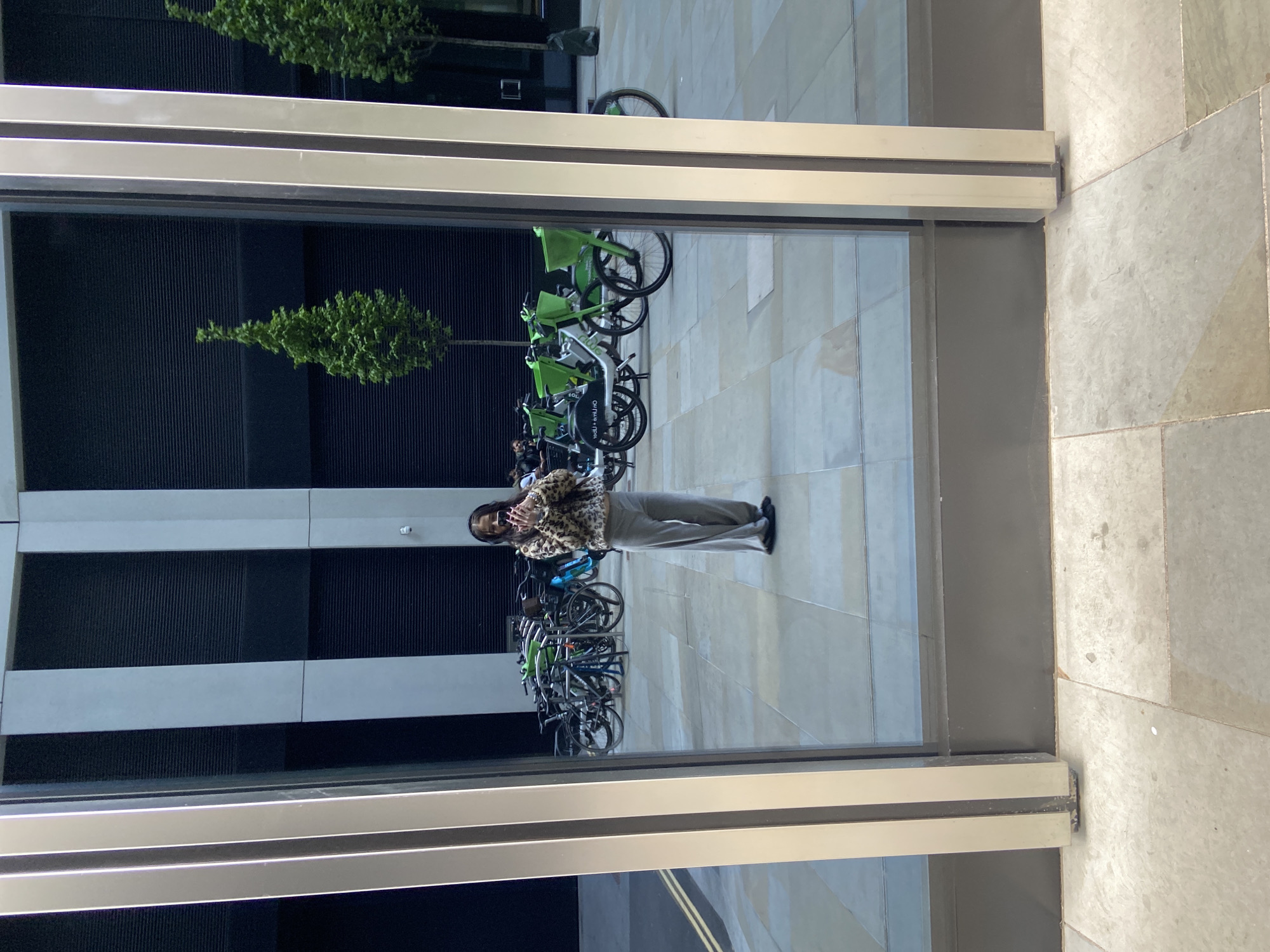 This image displays a reflection captured in a large glass panel, framed by silver-colored metallic borders. The viewpoint appears to be from inside a building, looking out at the reflection of the external environment.
The primary subject in the reflection is an individual, likely an adult female, standing upright and facing forward, with her hands slightly raised. She is dressed in a light-colored, leopard-print top or jacket and light-grey trousers. Behind her, a collection of bicycles is parked. Notably, several bright green "Lime" share bikes are visible, along with other standard bicycles secured in racks. Text reading "LIME" is clearly visible on the green bikes.
The setting reflected in the glass is an urban outdoor space, possibly a courtyard or pavement area adjacent to a building. The background features modern architectural elements, including dark, vertically textured building facades and light-toned, possibly tiled, ground surfaces. Two conical green trees or bushes are symmetrically placed against the dark building walls, providing a natural accent.
The scene is brightly illuminated, suggesting it is daytime and the weather is clear. The presence of "Lime" bikes is a strong indicator of a metropolitan area, consistent with the provided location context of London, United Kingdom. The image primarily captures a static scene of an individual posing within a reflection.