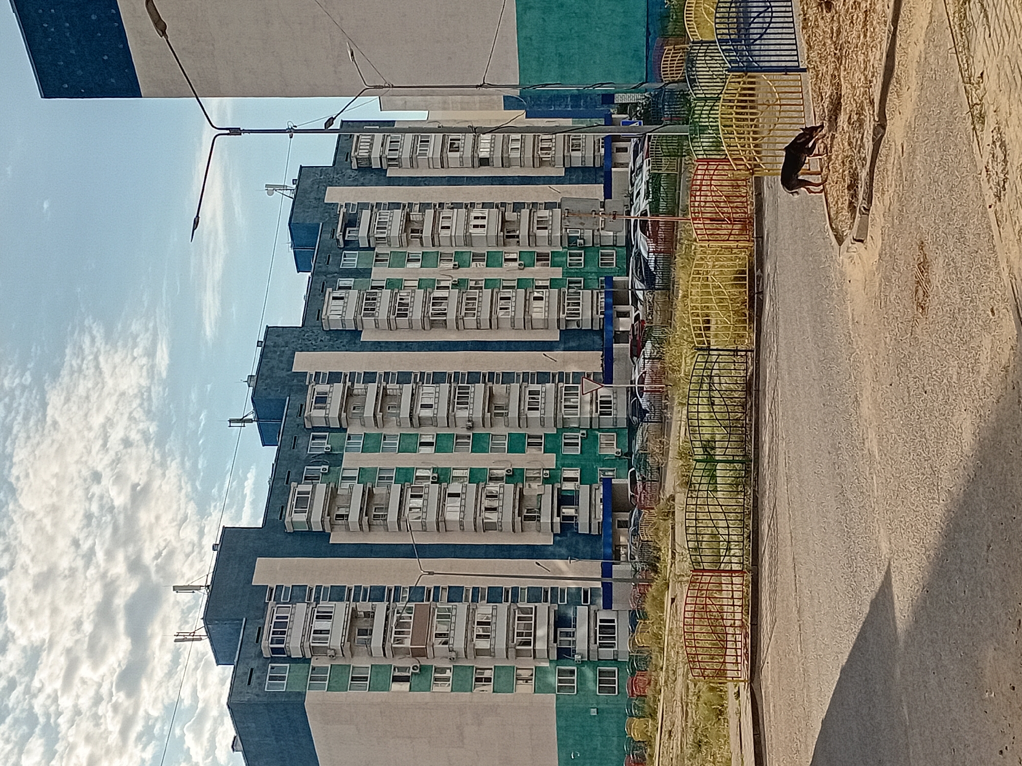 This image captures a residential building in the city of Semey, Kazakhstan. The building is tall, multi-story, and features a modern design with alternating sections of blue, teal, and cream-colored facades. Several balconies with white railings are visible along the exterior. The building is situated in an urban or semi-urban environment, with a street in the foreground and a fenced area beyond that. Various cars are parked behind the fence. The sky above is partly cloudy, with a mix of blue sky and white clouds. In the lower right portion of the image, a dark-colored dog is seen sniffing the ground near the curb. The overall scene suggests a residential area in a developed part of Semey.
