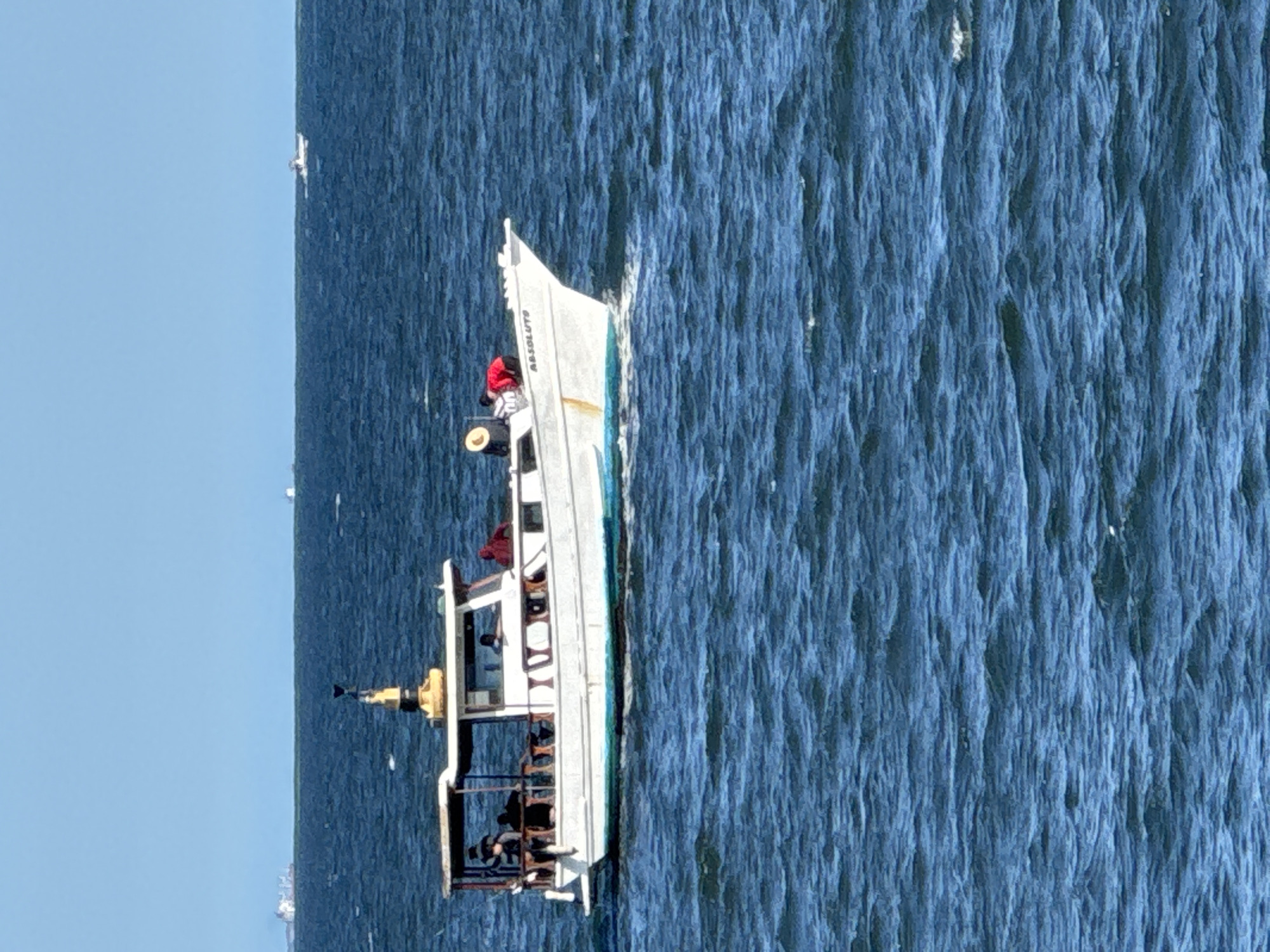 A white motorboat with a covered cabin is sailing on a blue, choppy sea under a clear, pale blue sky. Several people are visible on the boat, some standing in the open area at the back and others inside the cabin. The word "ABSOLUTO" is written in black lettering on the side of the boat. In the distance, on the horizon, other vessels and landforms are faintly visible, suggesting a shipping lane or coastline. The overall impression is one of a sunny day at sea, with the boat underway.