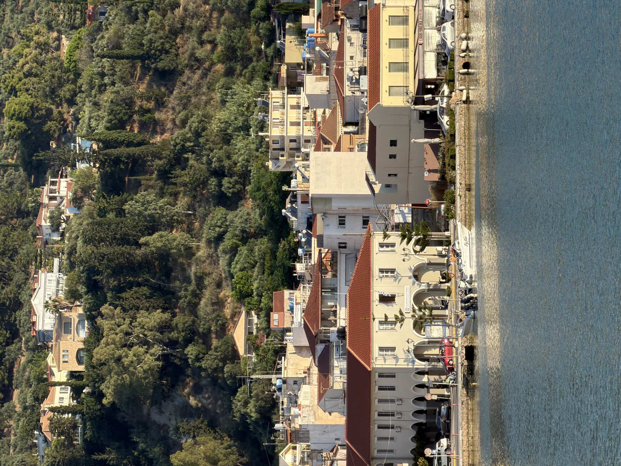 The image shows a waterfront in Zakynthos Municipal Unit, Greece, with buildings lining the shore and a hillside covered in trees and houses in the background. In the foreground, the blue water of a harbor is visible, with several boats docked. The buildings along the waterfront are a mix of traditional and modern styles, with red-tiled roofs and stucco exteriors. Some of the buildings appear to be shops or restaurants, with awnings and outdoor seating. In the middle ground, a white building with arched windows and a red-tiled roof stands prominently. Further back, a hillside is densely covered with green trees and scattered houses, some of which are also topped with red tiles. The sky is clear and blue, and the sun appears to be shining, casting shadows on the buildings and water. A few cars are parked along the waterfront, and a person is seen riding a scooter. The overall scene conveys a sense of a coastal town in Greece, with a lively atmosphere and a picturesque setting.
