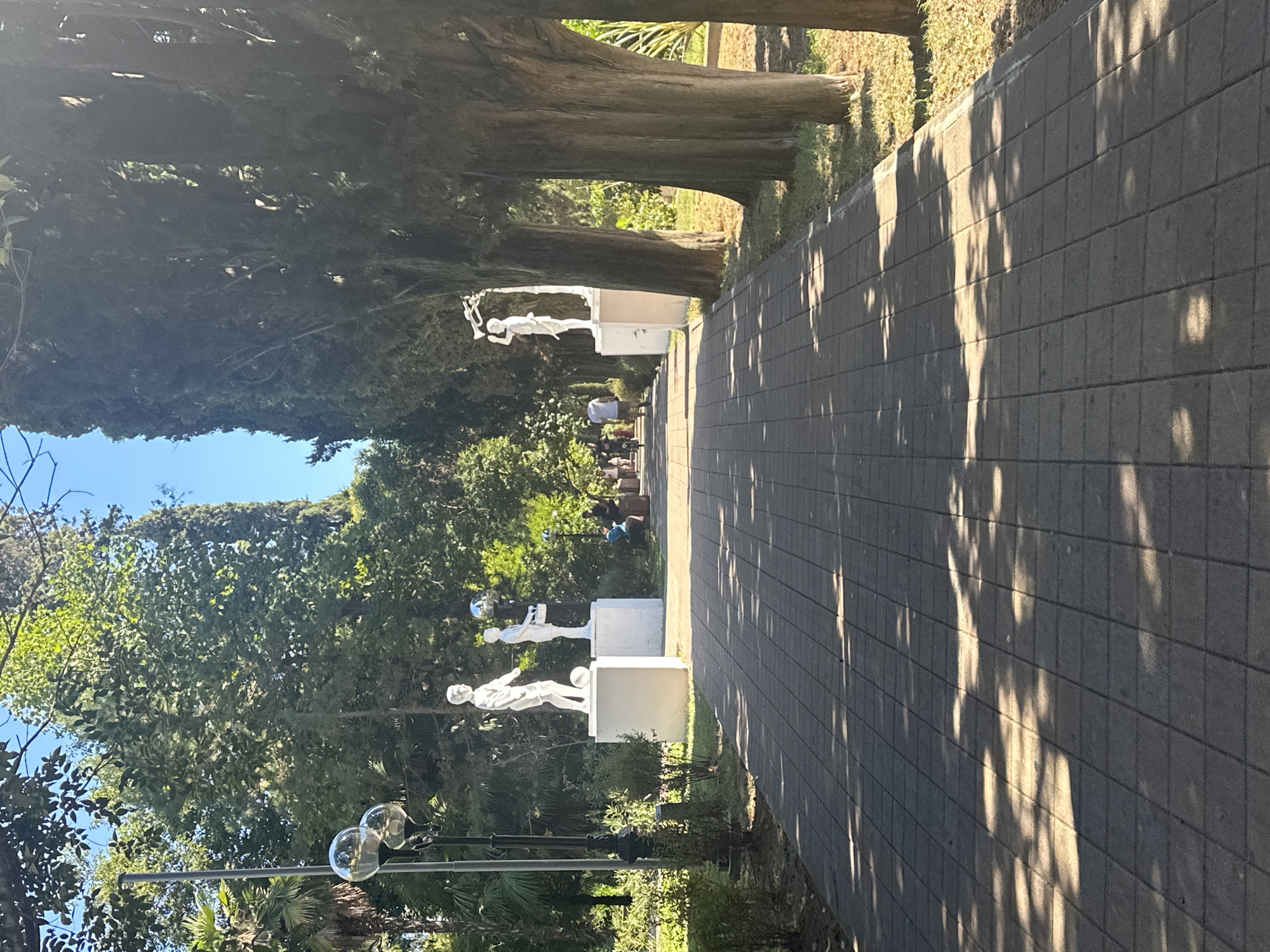 The image depicts a paved walkway in a park, likely in Sochi, Russia, given the presence of cypress trees and lush greenery. The walkway is lined on both sides by large cypress trees, casting dappled shadows from the sun onto the paving stones. On the left side, two white statues are visible on pedestals. The first statue depicts a male figure with a soccer ball at his feet, and the second statue shows a child holding a basket. Further down the walkway, a street lamp with three spherical lights stands on the left. On the right side of the walkway, the cypress trees are prominent, with their rough bark. In the distance, several people are walking and cycling, suggesting a leisurely atmosphere. The sky is clear and blue. The overall impression is one of a well-maintained park on a sunny day.