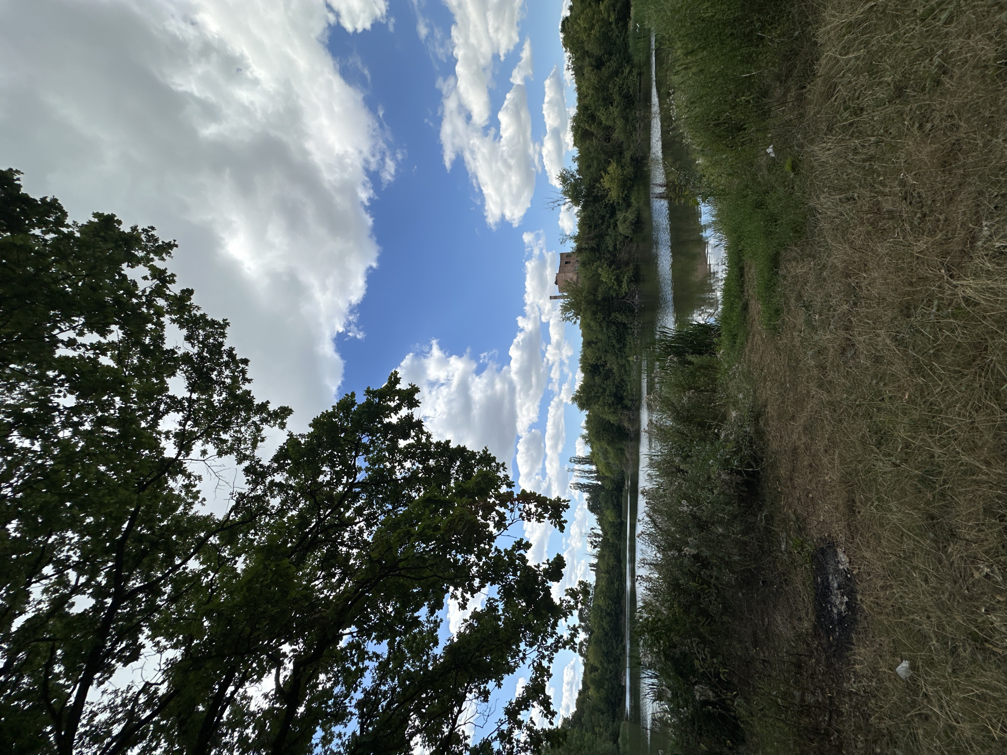 The image depicts a wide shot of a tranquil lake surrounded by lush green trees and vegetation under a bright blue sky with scattered white clouds. In the background, a small brick building with a chimney stands prominently on a hilltop, partially obscured by the foliage. The foreground features a grassy embankment leading down to the water's edge, with dry grass and some debris visible. The scene is static and appears to be an outdoor natural setting within the city of Shatava, Ukraine. There are no people or animals visible in the image, and no actions or interactions are taking place. The environment is characterized by a calm, natural landscape with signs of human presence in the form of the distant building and some minor litter.
