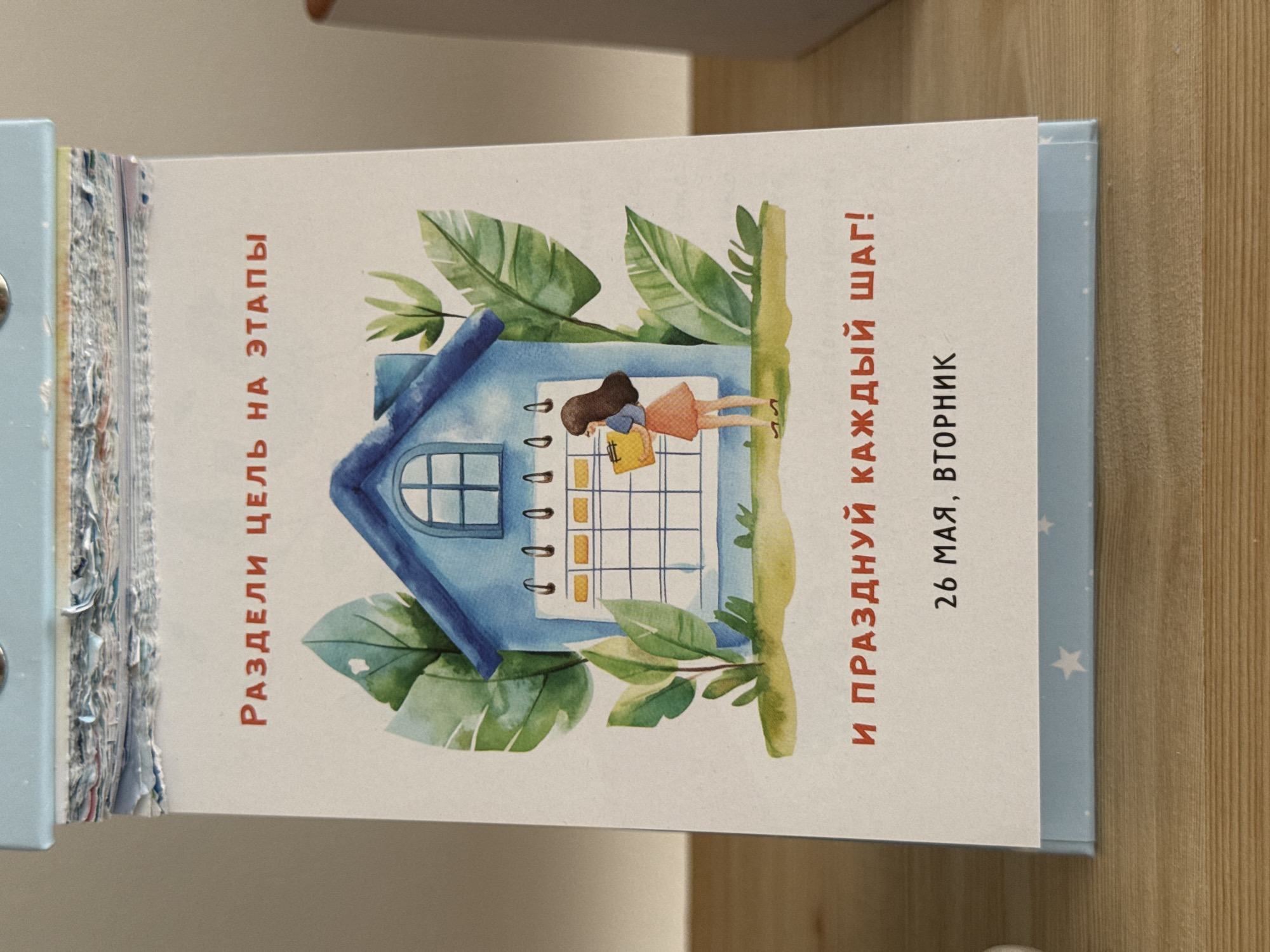 The image shows a page from a tear-off calendar. The illustration features a drawing of a blue house-shaped calendar page with a small figure of a person leaning over it, holding a yellow folder. The calendar page is surrounded by green tropical foliage. Text in Russian is present on the page. On the left, it reads "РАЗДЕЛИ ЦЕЛЬ НА ЭТАПЫ" (Divide the goal into stages). On the right, it reads "И ПРАЗДНУЙ КАЖДЫЙ ШАГ!" (And celebrate every step!) and "26 МАЯ, ВТОРНИК" (May 26, Tuesday). The calendar is resting on a wooden surface. There is no indication of the location being Izhevsk, Russia.