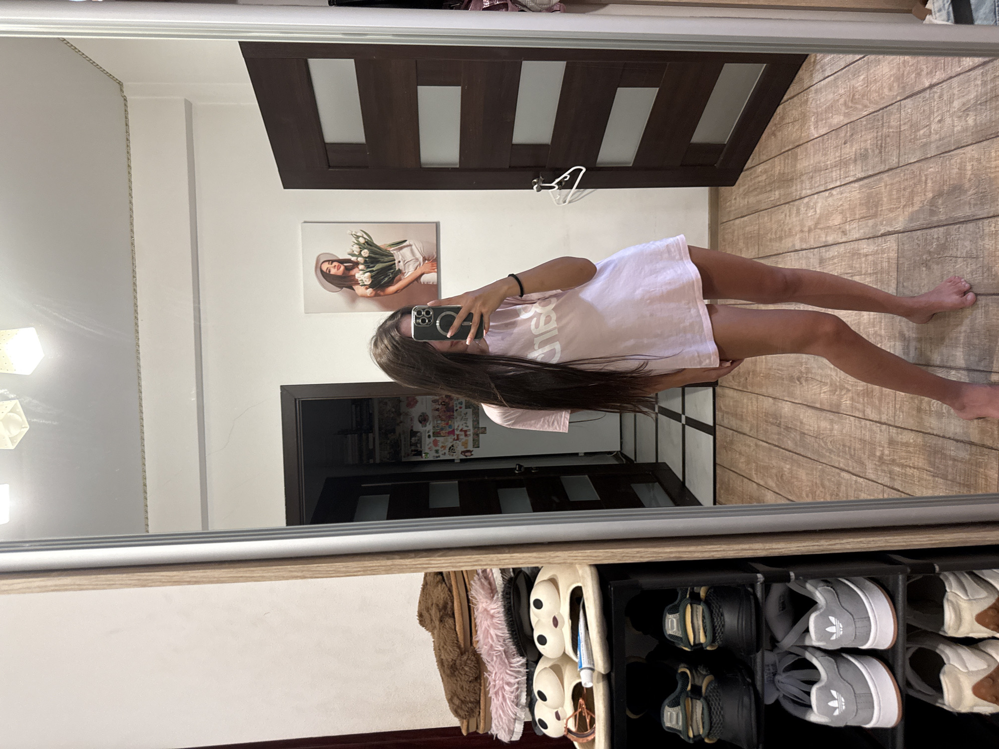 A young woman is taking a mirror selfie in a room. She is wearing a pink t-shirt and is holding a phone in her right hand. Her long, dark hair is covering part of her face. In the reflection, there is a shelf with shoes and slippers to the left, and a dark brown door with glass panels to the right. On the wall above the door, there is a framed picture of a woman holding a bouquet of white tulips. The room has wooden flooring and a light-colored ceiling with a light fixture. The overall impression is that of a personal living space, possibly a bedroom or a hallway. The specific location within Chișinău, Moldova cannot be determined from the visual information provided.