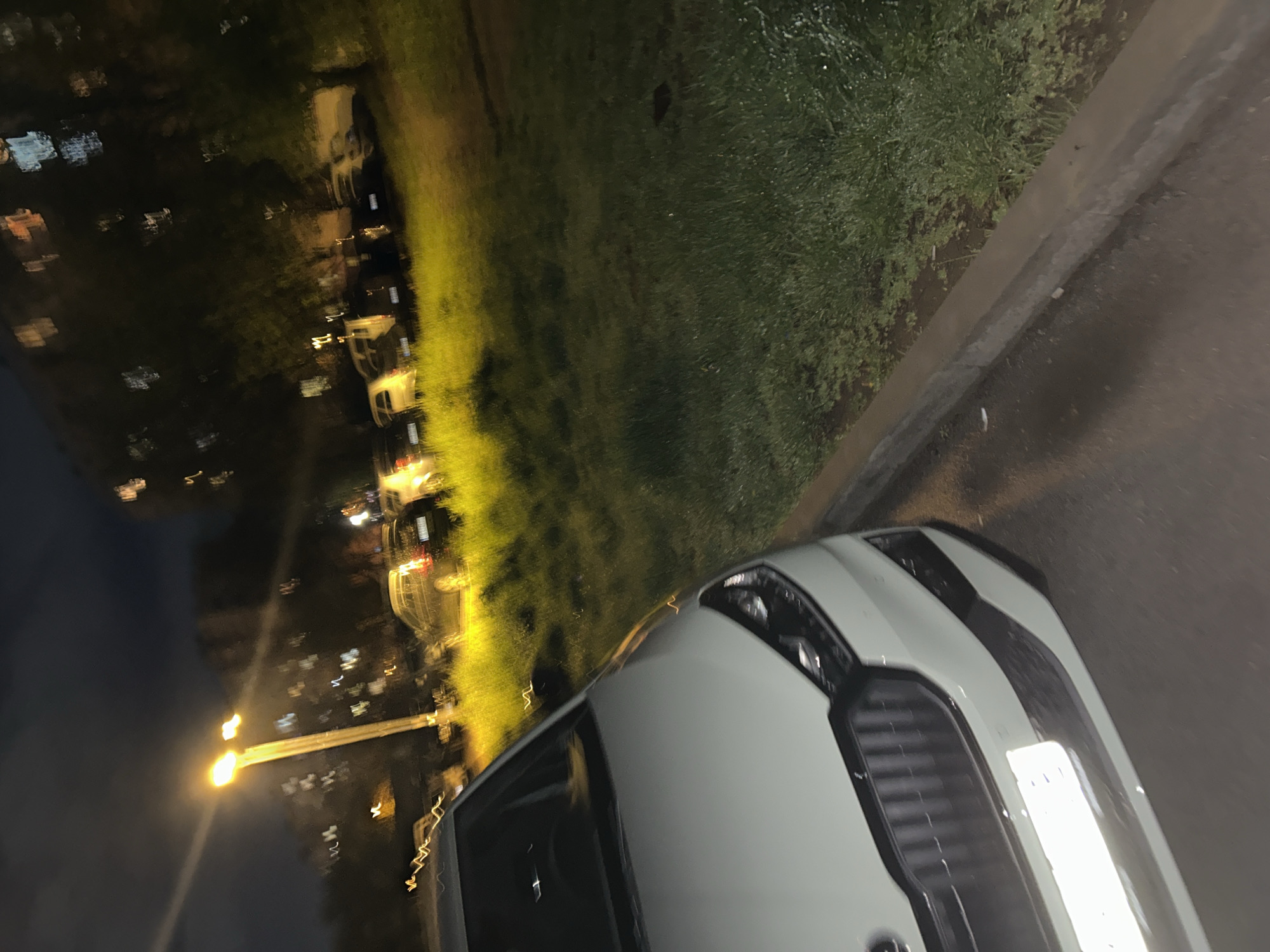 This nighttime image, captured in Sofia, Bulgaria, presents an urban street scene from a low angle. In the immediate foreground, the front section of a white car is prominent, showcasing its dark grille and headlights. The car appears stationary, possibly parked on a paved surface that extends from the lower right of the frame.
Adjacent to the paved area, a strip of green grass or low vegetation runs along a curb, creating a natural boundary. The background is characterized by significant blur, suggesting motion blur, camera shake, or low-light conditions. A bright, yellow-orange streetlight stands tall on the left, casting a strong glow that illuminates parts of the grass and distant objects.
Further into the background, indistinct shapes of other vehicles can be discerned, appearing as streaks of light and hazy forms. Dark trees loom behind these vehicles, and beyond them, scattered lights from buildings indicate an urban environment. The sky is dark, typical of nighttime. The primary lighting comes from the streetlights and the distant building lights, creating reflections on the car's surface and the damp-looking ground in places. The overall mood is quiet and atmospheric, typical of a city at night. No visible text is present in the image.