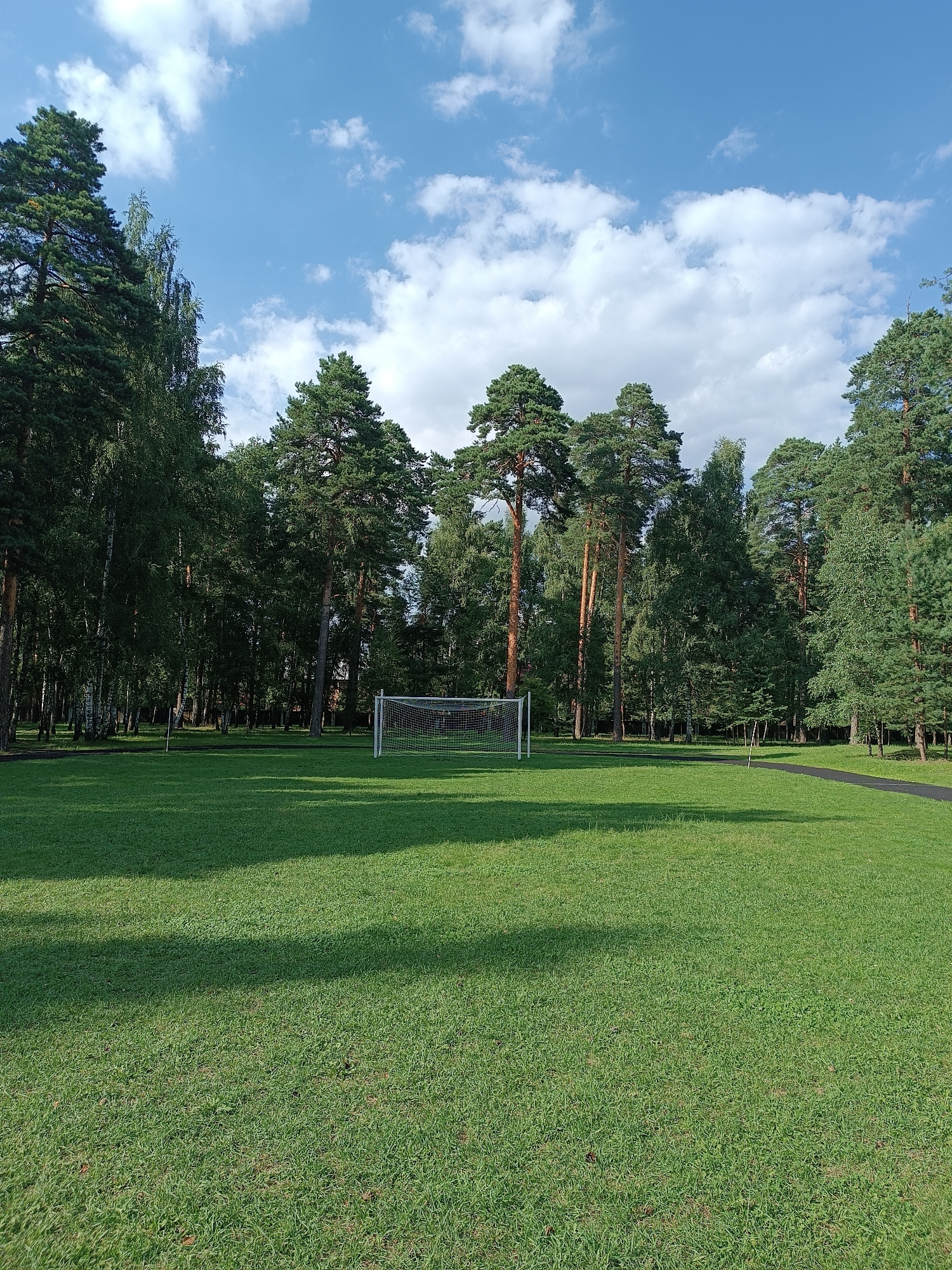 A soccer goal with white netting stands on a well-maintained, vibrant green grass field. The field is surrounded by a dense forest with tall, mature pine and birch trees. The sky above is a clear blue, dotted with fluffy white clouds. A dark, paved pathway is visible to the right of the field, curving around the perimeter of the trees. The scene appears to be a public park or sports ground located in Bykovo, Russia.