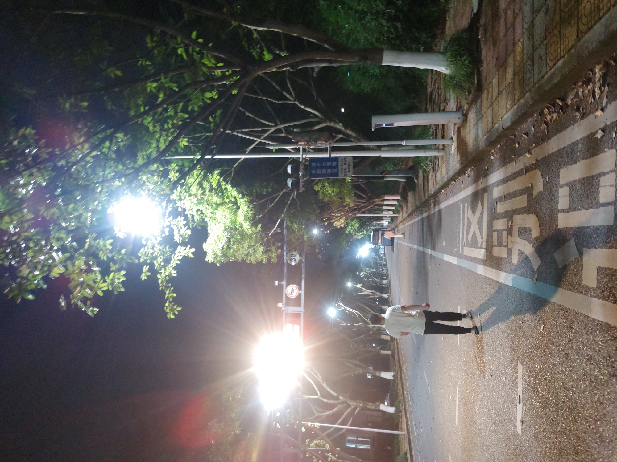 The image depicts a person walking on a road in the Chongqing High-tech Zone, China, at night. The road is illuminated by streetlights and lined with trees, some of which have whitewashed lower trunks. A pedestrian zone is marked with painted Chinese characters. A sign indicates "Le Running Area," a safety message, and the time "19:00-22:30."