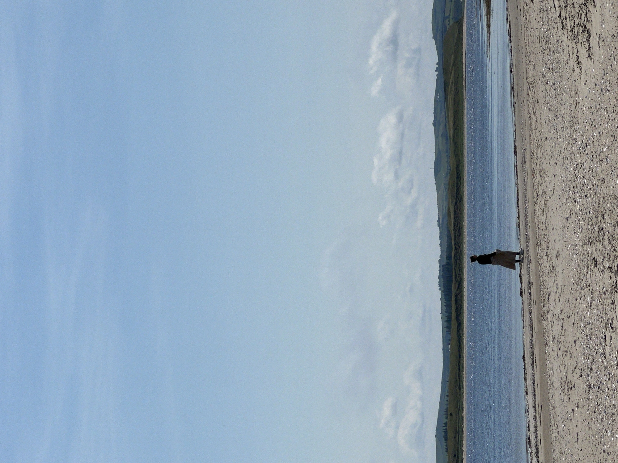 The image depicts a solitary figure standing on a sandy beach. The person is facing away from the camera, looking out towards a body of water. The figure is wearing a dark top and a long, light-colored skirt or dress. The beach is composed of sand and small shells. Beyond the water, a green, hilly landscape stretches across the horizon, with some scattered trees and buildings visible. The sky is a clear, pale blue with a few wispy clouds. The scene appears to be a coastal area in Tullycullion, Ireland, under a bright, daytime sky.