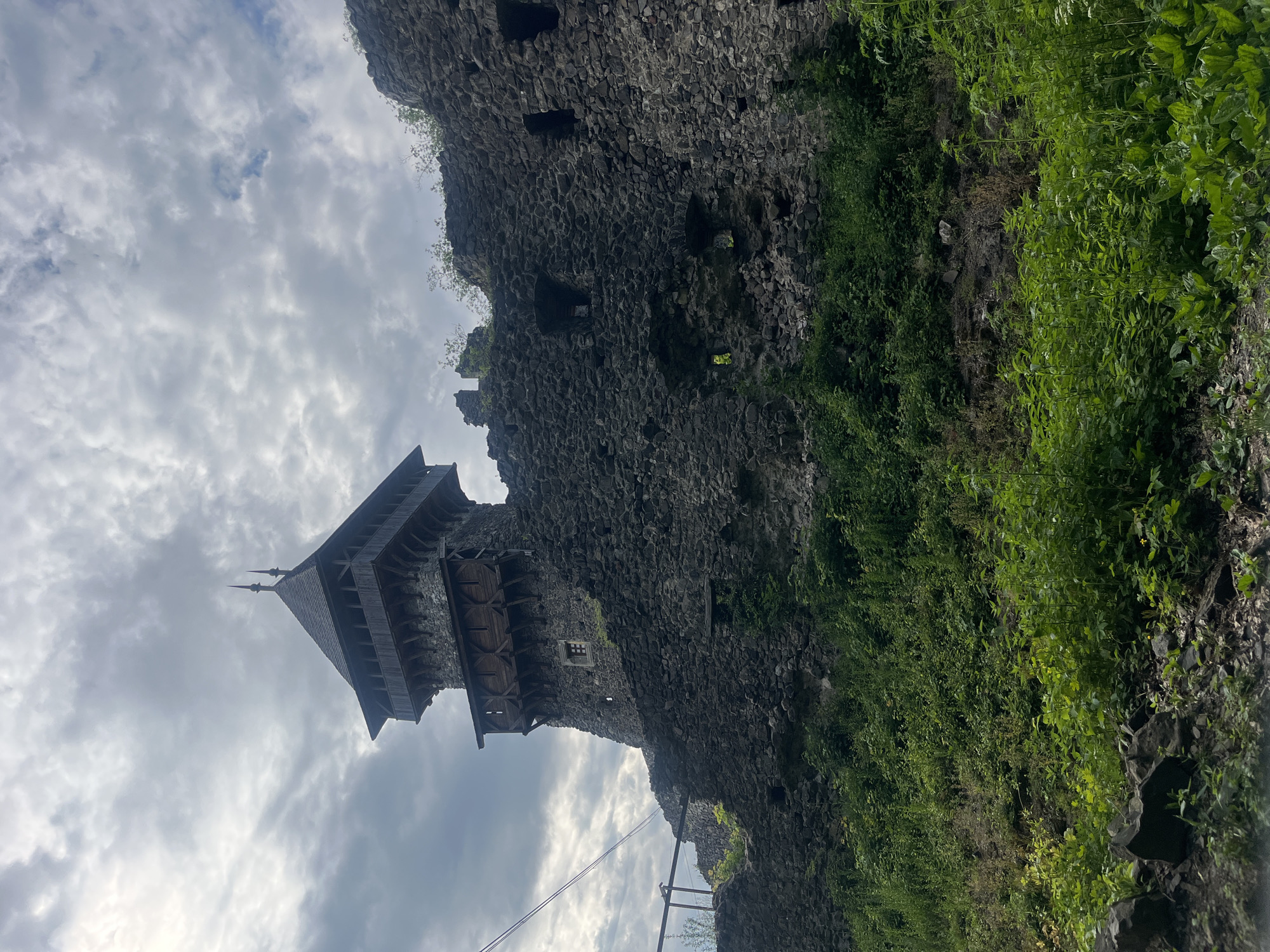 The image presents a dramatic, low-angle view of an ancient stone castle or fortress, likely Nevytske Castle in Kamianytsia, Ukraine. The scene is dominated by the formidable, dark grey stone walls of the structure, which appear to be partially in ruin but also feature preserved or reconstructed elements.
On the left side, a prominent wooden tower or roof structure rises above the stone walls. This wooden section is characterized by multiple levels of balconies or platforms supported by intricate timber cross-beams, and culminates in a distinctive, multi-tiered roof with pointed spires. This timber work has a weathered, dark appearance, offering a stark contrast to the rough texture of the surrounding stone. Several small, rectangular window openings are visible within the stone walls.
Vibrant green vegetation, consisting of various plants and bushes, heavily covers portions of the stone walls, particularly on the right side of the image, suggesting the structure's integration with its natural environment.
The sky above is overcast, filled with a dense cover of grey and white clouds, indicating a cloudy daytime. No people or specific activities are visible, allowing the historical architecture to be the sole focus. A thin cable or wire runs across the lower-central part of the foreground. The overall impression is one of historical grandeur and resilience, set against a dramatic, cloudy backdrop.
