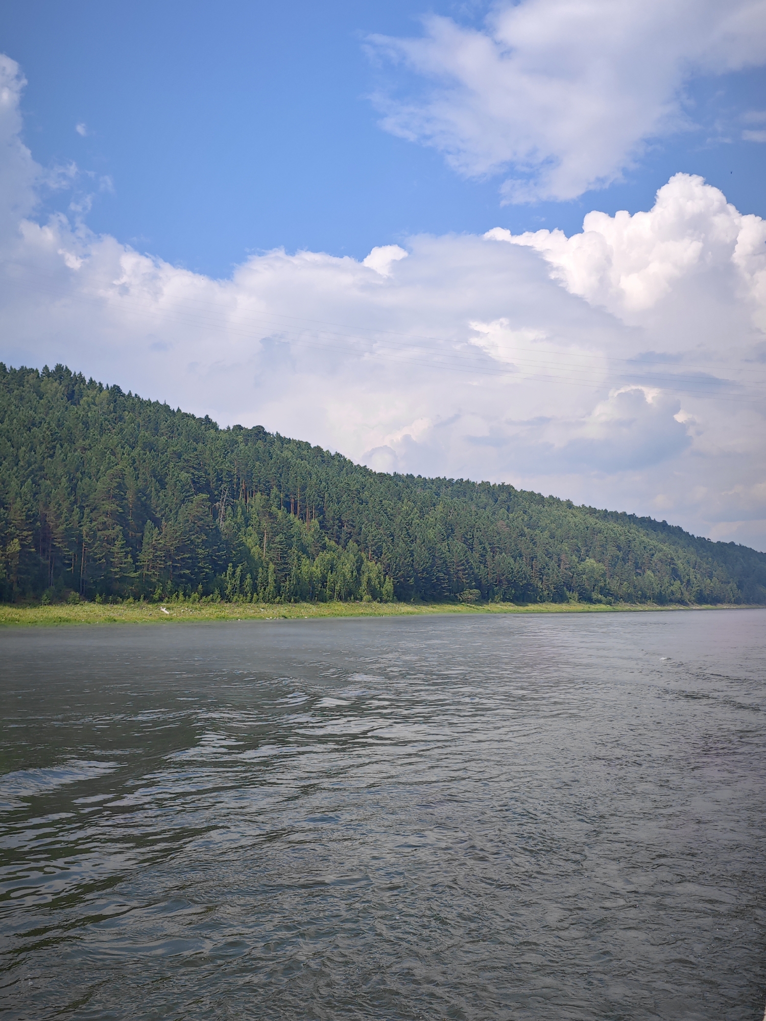 A wide, dark gray river flows from right to left in the foreground, with ripples and slight waves on its surface. In the mid-ground, a dense, dark green forest covers a gently sloping hillside that stretches across the frame. The trees are predominantly coniferous, with some deciduous trees interspersed. A thin strip of lighter green vegetation runs along the riverbank. In the background, a bright blue sky is dotted with fluffy white clouds. The overall scene depicts a natural landscape with a river and a forested hill, likely in a rural area given the absence of urban structures. The location of Pristan', Russia, is a river port settlement on the Ob River, known for its natural beauty and forested surroundings, which aligns with the visual elements of the image.
