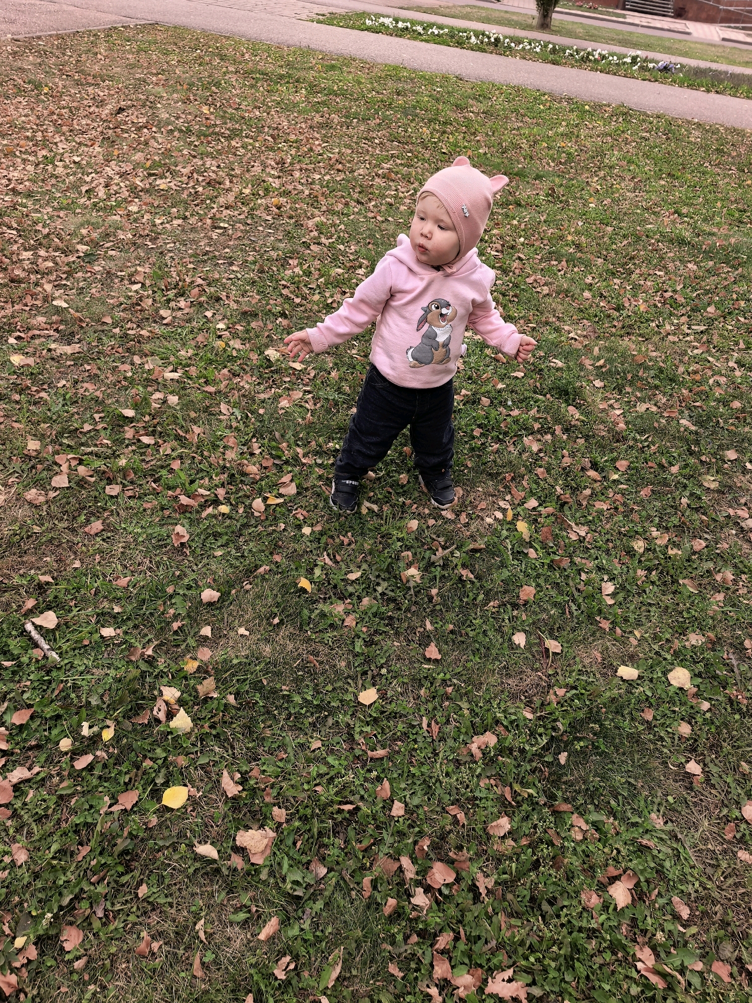 A young child wearing a pink hooded sweatshirt with rabbit ears and dark pants stands on a grassy area covered with fallen leaves. The child has fair skin and appears to be looking to the left. The environment suggests an outdoor setting, possibly a park or a residential yard, with a paved pathway and building visible in the background. The overall scene captures a moment of childhood in an autumnal setting.