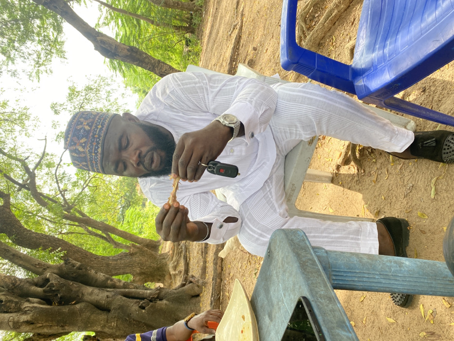 This image depicts an outdoor scene in Usunwe, Nigeria. An adult male, with a dark beard and wearing a white striped traditional tunic and trousers, a patterned skullcap, a silver wristwatch, and black loafers, is seated on a white plastic chair. He is actively consuming a small bone, holding it with both hands near his mouth, while a black vehicle key fob dangles from his left hand. To his left, a weathered blue plastic table supports a light-colored, square plate and a black smartphone. A second individual is partially visible on the far left, wearing a blue and yellow striped shirt and beaded bracelets on the right wrist. A light-colored chicken is present on the light brown, sandy ground behind the primary subject. Large trees with exposed roots and green foliage form the background, indicating a shaded environment. A blue plastic chair is partially visible in the lower right foreground.