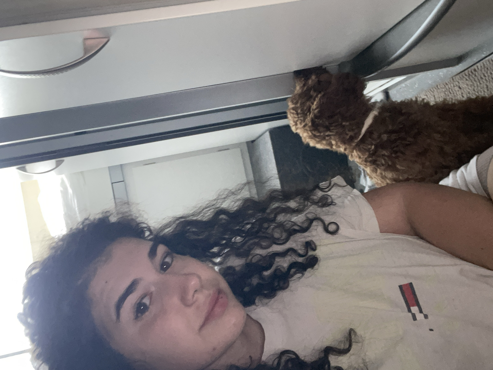 The image captures an indoor scene in Koprinka, Bulgaria, featuring a young adult female and a small dog. The female, positioned on the left side of the frame, has dark, curly hair and looks directly towards the camera with a neutral expression. She wears a light-colored t-shirt displaying a pixelated red, white, and blue flag-like emblem on the left chest. To her right, a small, reddish-brown curly-haired dog, wearing a thin light-colored collar, stands on a textured rug. The dog's head is directed towards and partially obscured by a light-colored vertical surface, consistent with a door or cabinet panel. The background on the left side reveals white bedding or a wall with an overhead light source. The right side of the background shows a white wall, a dark vertical door frame, and a curved metallic handle, with a partial reflection from a mirror or shiny surface visible above it. The scene is evenly and brightly illuminated.