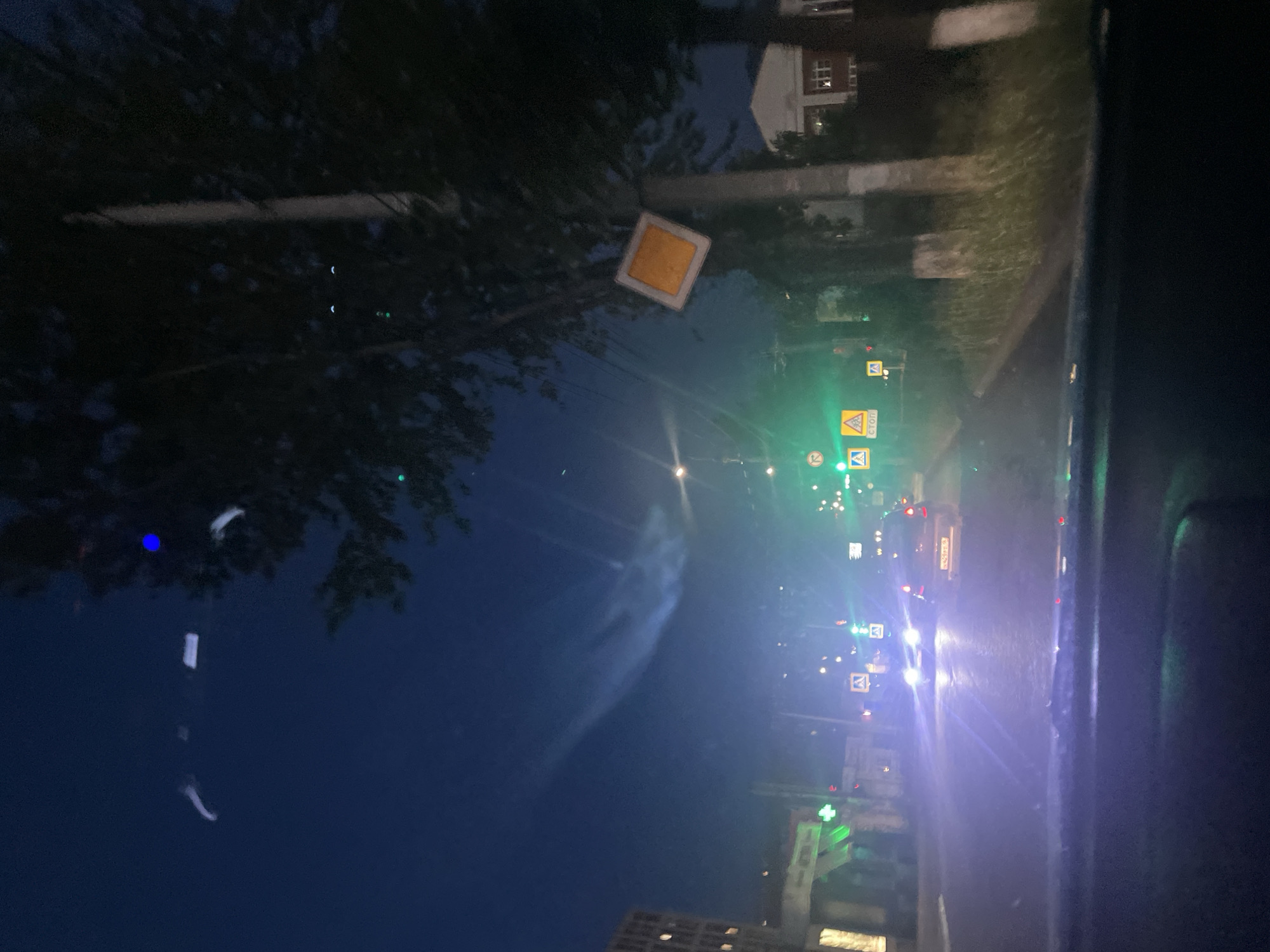 The image depicts a nighttime scene from a vehicle driving through Votkinsk, Russia. The sky is dark blue with faint, wispy clouds or contrails visible. A prominent streetlight illuminates the roadway, which is wet from recent rain or dew, causing reflections. Several cars are on the road, their headlights creating bright streaks of light. Traffic signs are visible, including a yield sign and pedestrian crossing signs. Buildings line the street, with some windows lit. Trees with visible trunks and foliage are on the right side of the road. The overall impression is one of a quiet, urban street at night.