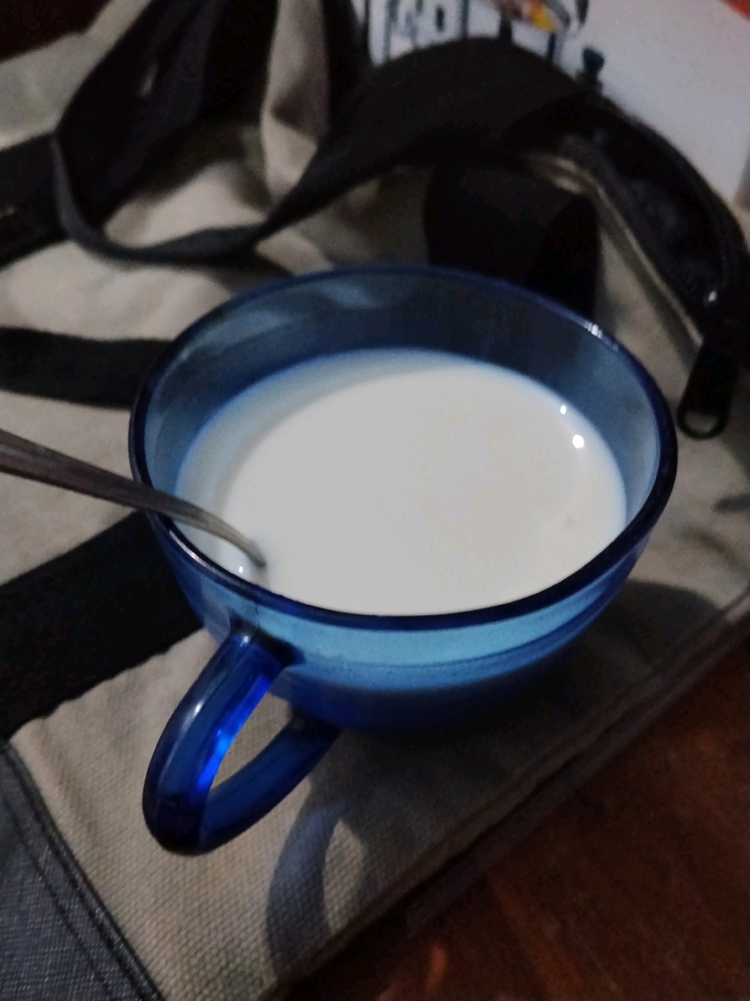 A close-up, high-angle shot shows a blue glass mug filled with white liquid, likely milk. A silver spoon rests inside the mug, partially submerged in the liquid. The mug is placed on a striped cloth, which appears to be part of a bag. The background is dark and out of focus, showing glimpses of what could be straps or other parts of the bag, and possibly some items in the distance. The lighting suggests an indoor setting, possibly a home or casual environment. The location of Panggungan, Indonesia is not discernible from the visual information in the image.