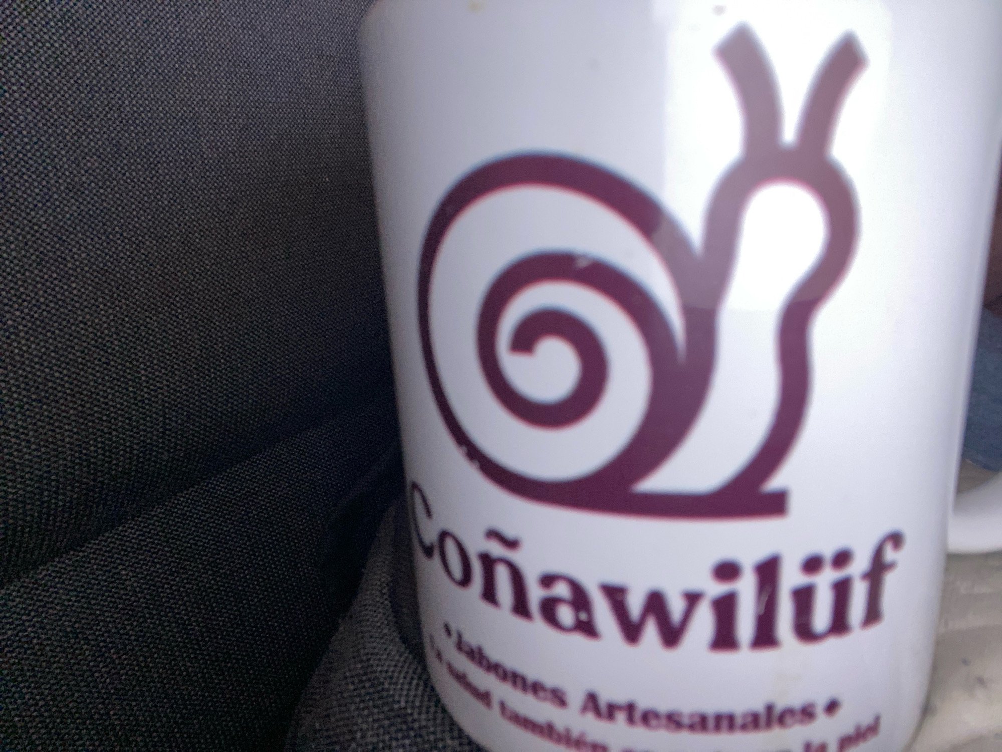 The image shows a close-up of a white ceramic mug with a dark reddish-purple snail graphic and text. The snail graphic is on the right side of the mug. Below the snail graphic, the word "Coñawilüf" is written in the same dark reddish-purple color. Below "Coñawilüf", there are lines of smaller text that are difficult to read clearly, but appear to say "labones Artesanales" and some other words. The mug is partially resting on a textured, dark gray fabric surface, possibly upholstery. The background is a blurred dark gray textured surface, likely the same fabric as the foreground. The lighting is somewhat harsh, creating a bright highlight on the mug, especially around the snail's head. No specific location in Viña del Mar, Chile can be determined from the image.