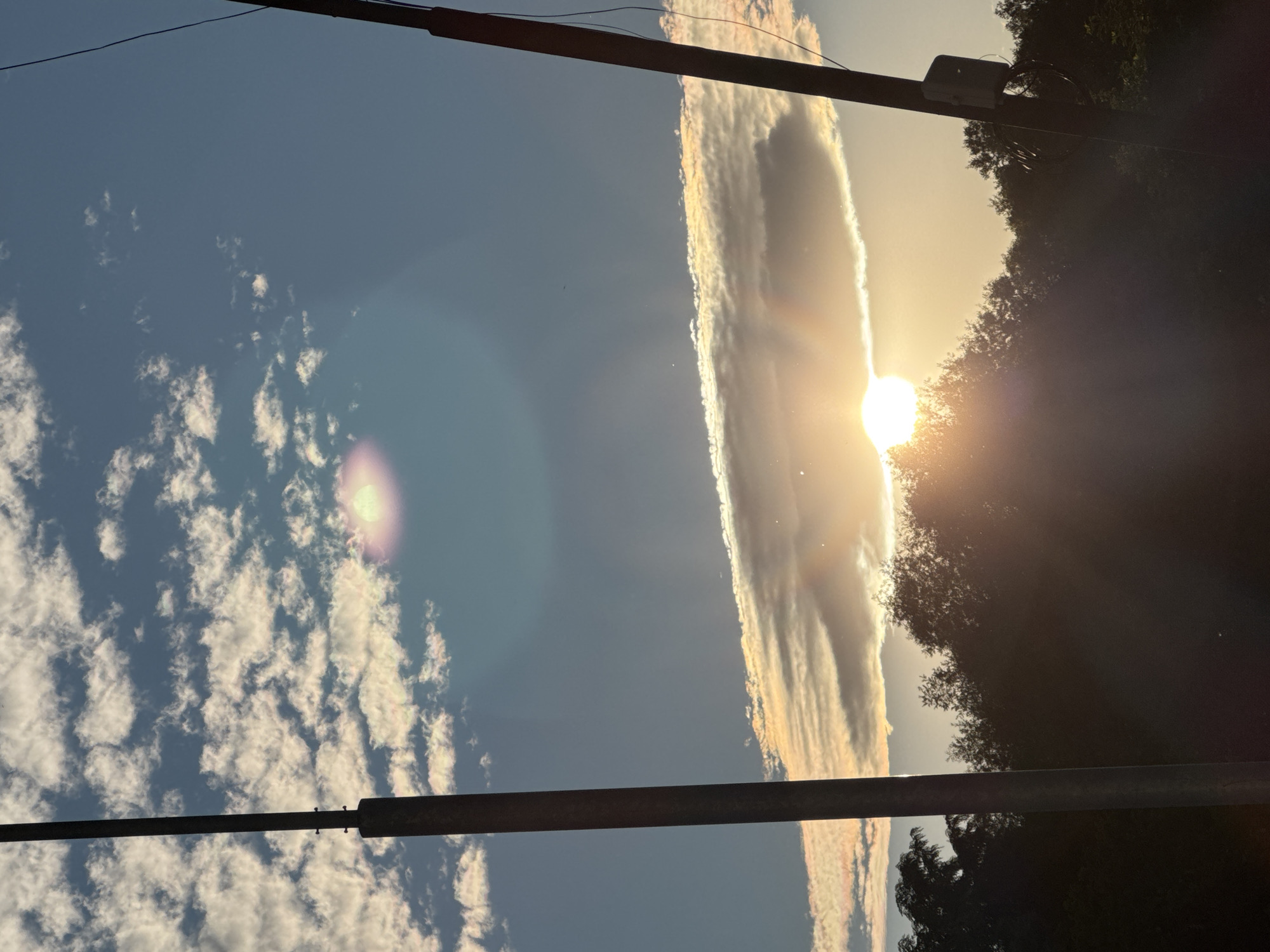The image captures a sunset over Pernik, Bulgaria, viewed from a low angle looking upwards. Silhouetted against the bright sky are the tops of dense trees and a portion of a utility pole on the right side of the frame, which has a small electrical box attached. Another utility pole is visible on the left. The sky is a gradient of blue, transitioning into warmer tones near the horizon, illuminated by the setting sun which is partially obscured by a long, horizontal cloud band. Smaller clouds are scattered throughout the upper sky, some catching the golden light of the sunset. The overall scene is one of a natural landscape framed by man-made structures, indicative of the outskirts of a city.
