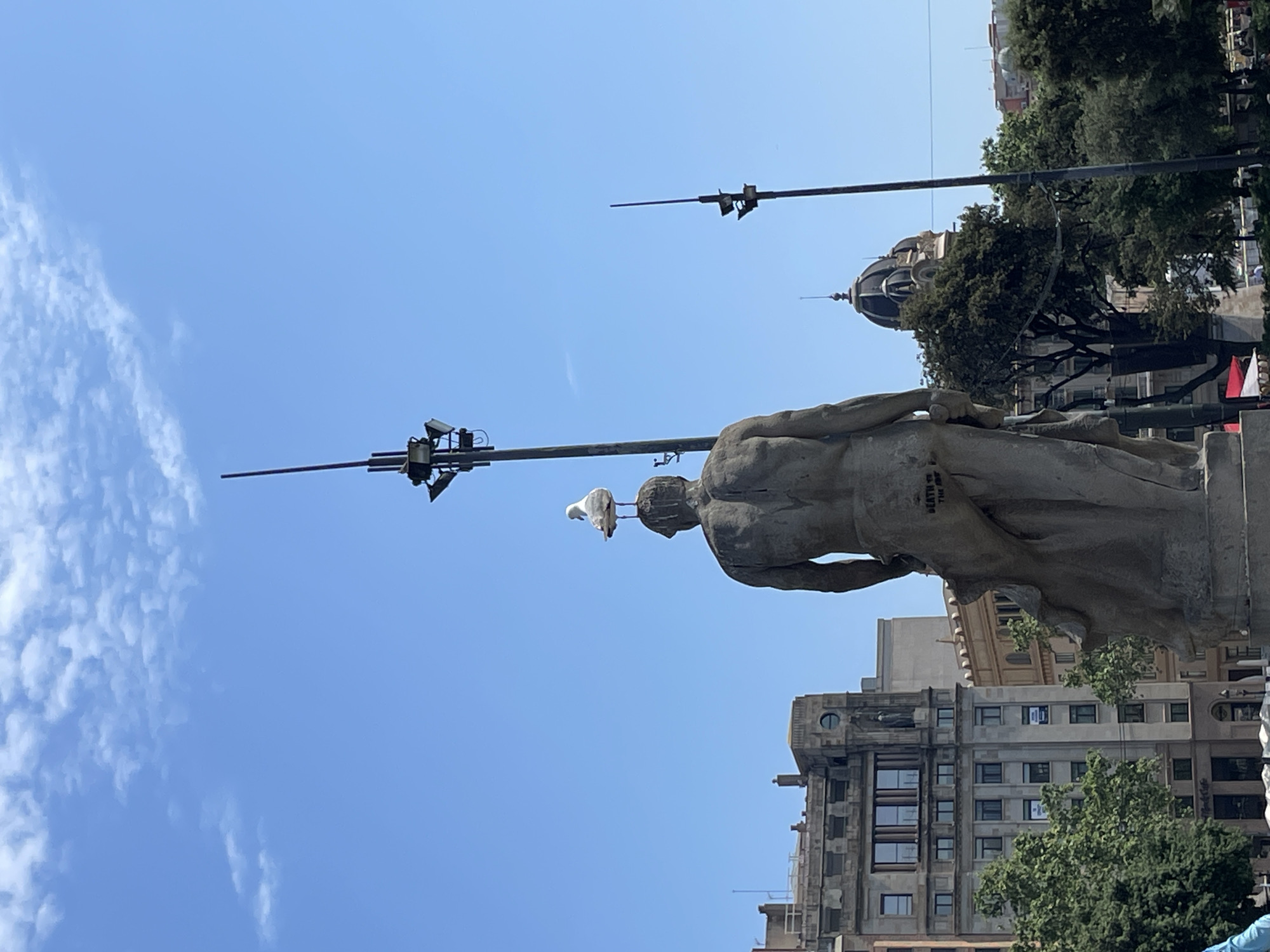 A sun-drenched, vertically oriented photograph captures a large stone statue of a male figure from behind, set against a vibrant blue sky with scattered wispy clouds. A white bird, likely a seagull, is perched on the statue's head, appearing to look towards the left. The statue itself is robust and classical in style, with visible musculature, and has faint, light-colored graffiti on its lower back which reads "DEATH TO THE".
In the background, urban architecture is visible. To the right of the statue, a distinctive building with a dark, ornate dome is partially obscured by lush green trees. To the left and below the statue, multi-story buildings with numerous windows and detailed facades contribute to the city setting. Several poles, possibly for streetlights or utilities, extend into the sky at various angles. The bright light and clear sky suggest it is midday or early afternoon. The scene depicts a quiet moment in a busy urban environment, identified as Barcelona, Spain.