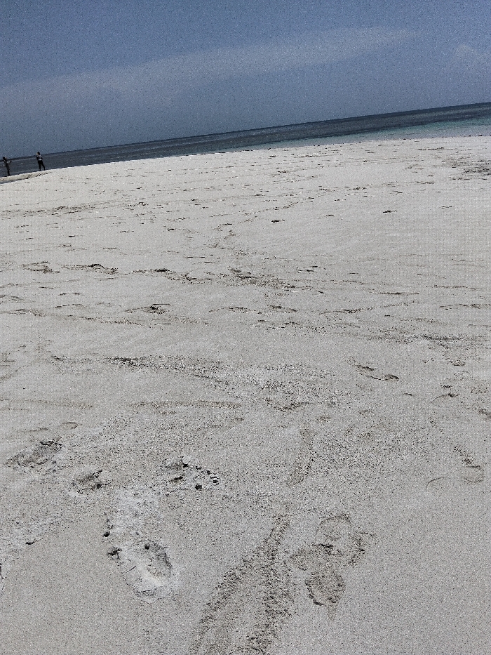 The scene depicts a sandy beach in Wasini, Kenya, under a hazy, light-blue sky. The foreground and mid-ground are composed of light-colored sand, marked extensively with various human footprints and linear drag marks. In the distant background, a calm body of water extends horizontally, meeting the sky at a defined horizon. Two indistinct human figures are visible near the water's edge on the far left, appearing to walk or stand on the sand.