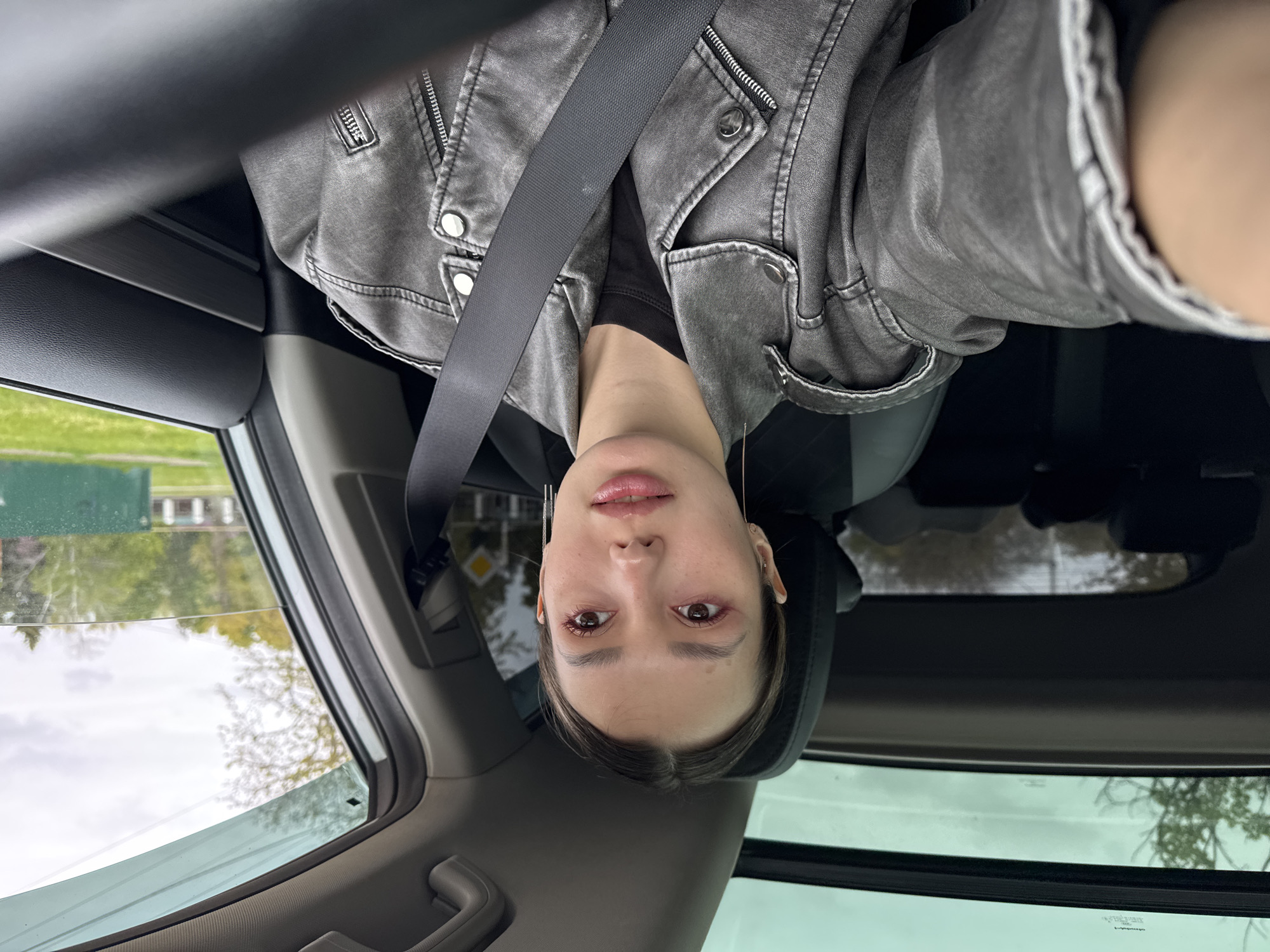 A person is seated in a car, wearing a grey jacket and a black seatbelt. The view outside the car window shows a street with trees and houses. The car appears to have a sunroof. The location is unknown.