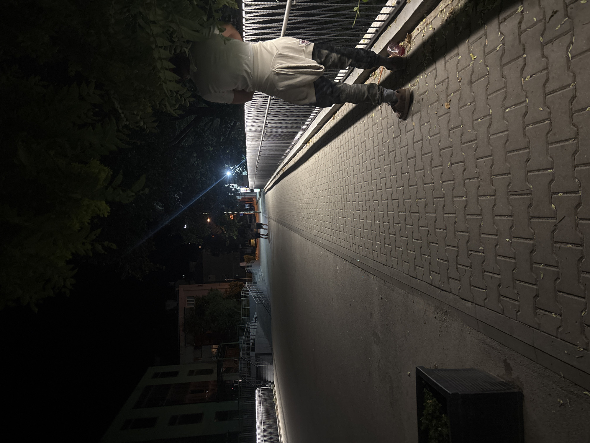 The image shows a nighttime scene on a paved pedestrian walkway in an urban environment. A person, seen from the back, is standing on the right side of the walkway, leaning slightly against a railing. The person is wearing a light-colored t-shirt, a light-colored sweatshirt tied around their waist, and camouflage-patterned pants. They are wearing brown shoes. To the left of the walkway is a dark asphalt area, with a black planter box containing some greenery visible in the foreground. A metal railing runs along the right side of the walkway. Further down the walkway, in the mid-ground, two other figures are walking away from the camera. In the background, there are buildings and trees, with streetlights illuminating parts of the scene. The overall impression is that of a quiet, possibly residential or park area, at night.