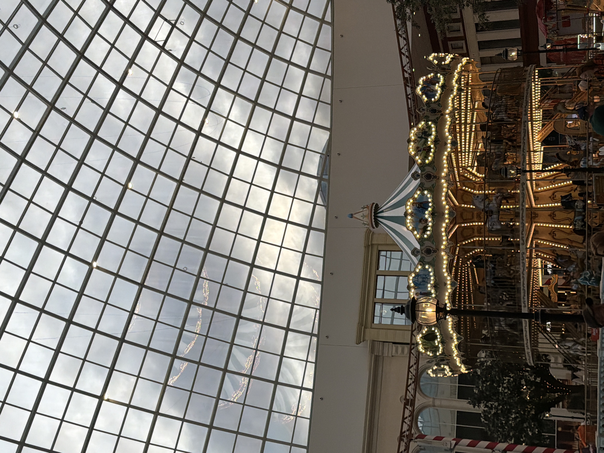 The image captures a view inside a large, indoor space, likely a shopping mall, in Moscow, Russia. A prominent feature is a carousel, illuminated with numerous lights. The carousel is located near a building facade with multiple windows. Above the carousel and the surrounding area is a large glass ceiling with a grid pattern, through which one can see the sky. The image is oriented sideways.