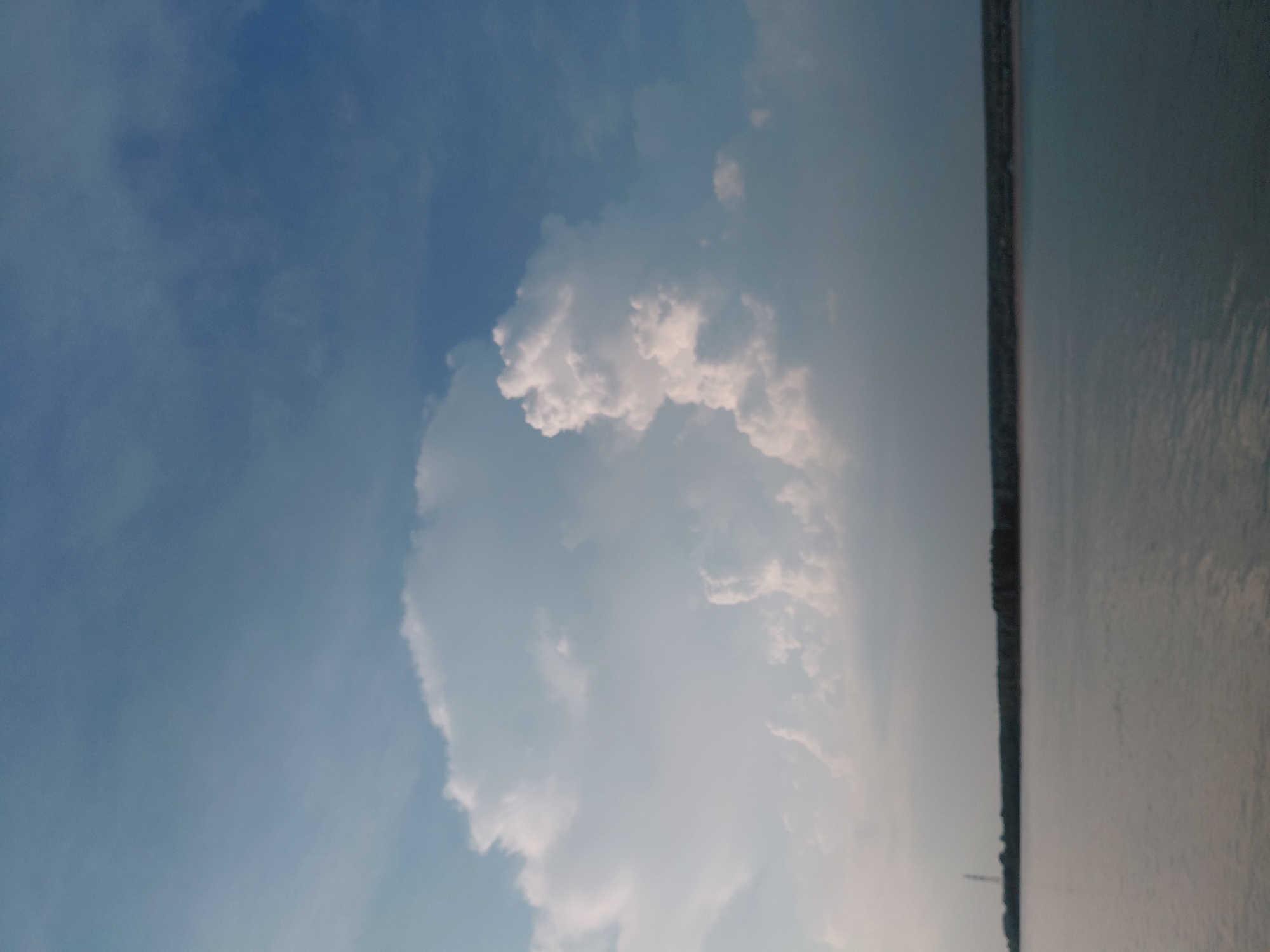 The image shows a wide, calm body of water, possibly a river or lake, with a distant tree-lined shore. Above the water, large, fluffy white clouds fill the sky, contrasting with the pale blue of the sky. A thin, dark line of trees stretches across the horizon, and a tall, slender structure, possibly a tower, is visible on the left side of the shore. The water is placid, with subtle ripples reflecting the light. The overall scene suggests a peaceful, natural environment. Based on the information provided, this scene is located in Novosibirsk, Russia.
