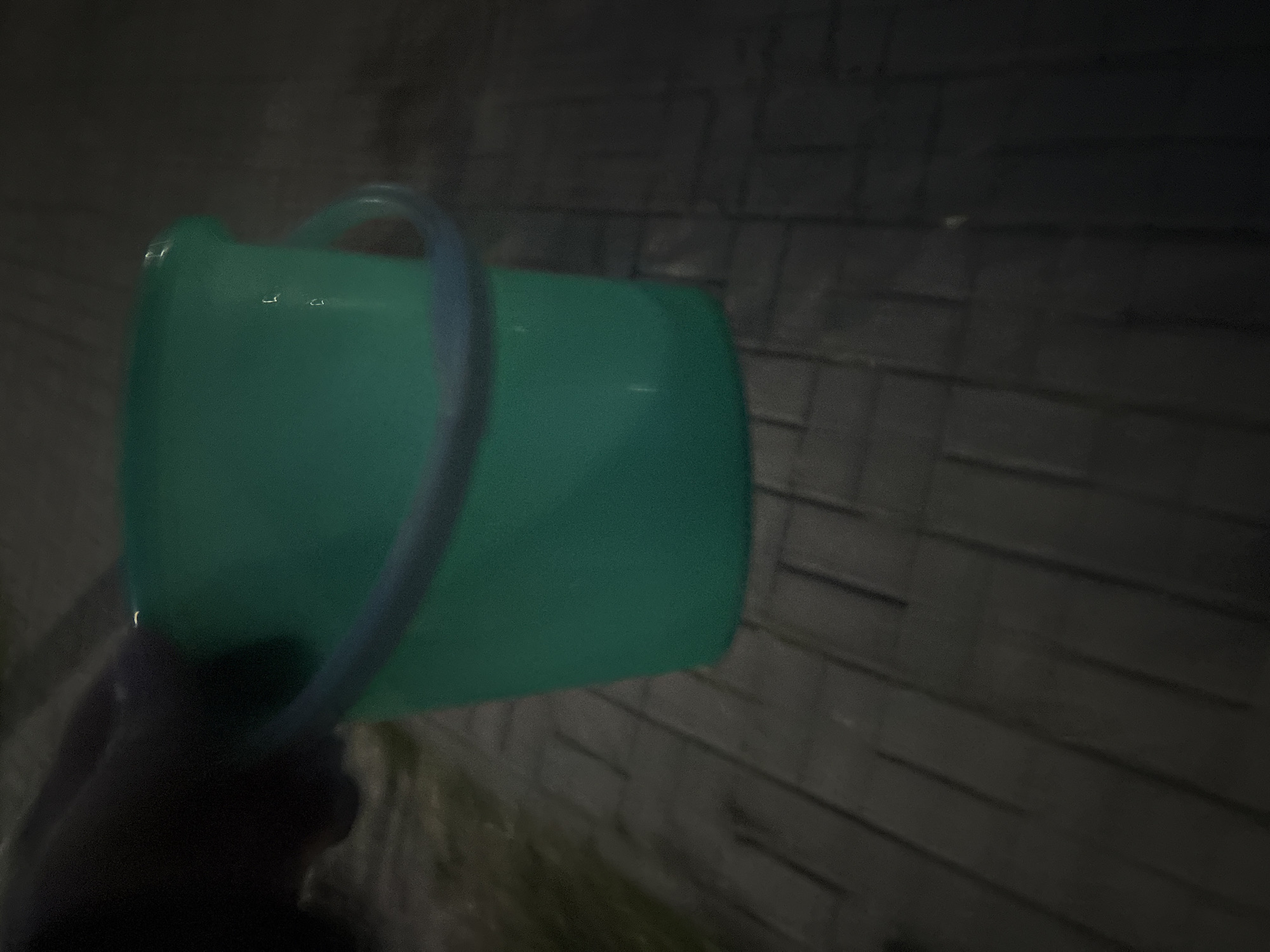 The image shows a green plastic bucket with a light gray handle. The bucket is held by a person's hand, which is visible in the upper left corner of the frame. The bucket is placed on a paved surface, likely a sidewalk or walkway, composed of rectangular gray stones. The lighting suggests it is either dusk or night, with artificial light illuminating the scene, casting shadows. The background is dark and somewhat blurry, with hints of green foliage on the left. The scene is set outdoors, on a hard, tiled surface. No specific landmarks or indicators place this scene within the city of Vitsebsk, Belarus.