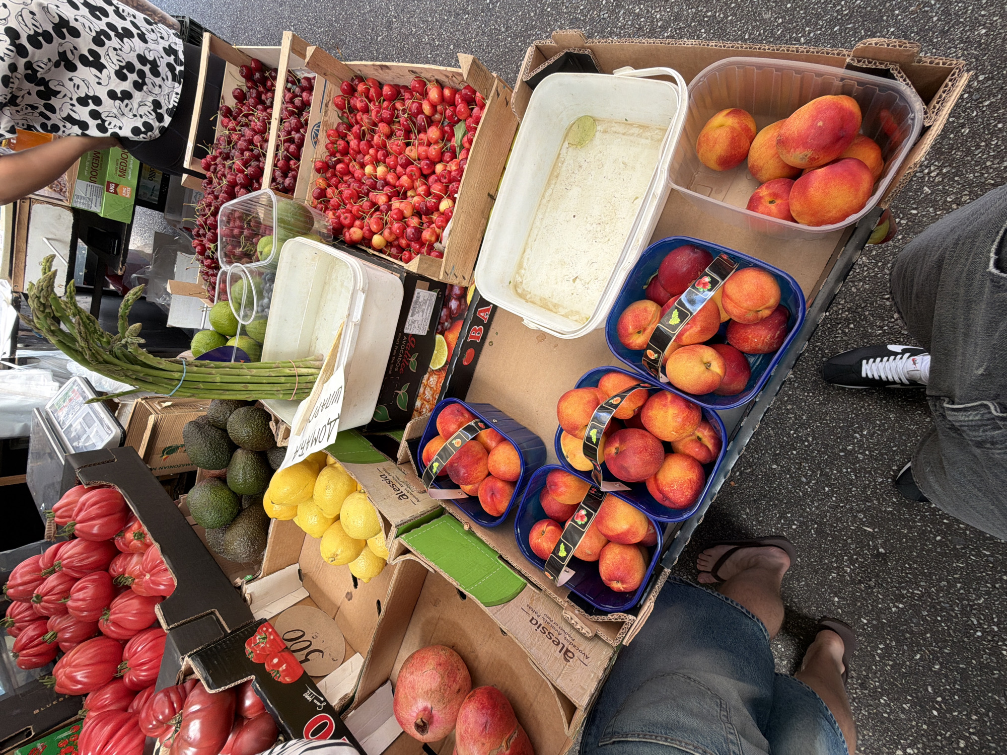 This image captures an outdoor market stall in Vračar Urban Municipality, Serbia, displaying a diverse selection of fresh produce. The scene is observed from a high-angle perspective, looking down at the stall and the ground.
In the foreground, the legs and feet of two individuals are visible on an asphalt surface. On the left, a person wears blue denim shorts and brown flip-flops. On the right, another person wears grey jeans and black and white sneakers.
The market stall itself is laden with various fruits and vegetables. To the left, large, red, ribbed tomatoes are displayed in black and brown cardboard boxes, with one box featuring a handwritten "500" price sign. Below these tomatoes, two pomegranates rest in a cardboard box, one partially cropped.
Moving towards the center, a cardboard box contains a pile of green and dark-skinned avocados. Adjacent to this, another cardboard box is filled with bright yellow lemons, with a white price tag bearing Cyrillic text ("ДОМАЋА"). A bundle of green asparagus spears stands upright in a white plastic container filled with water, positioned behind the lemons. Nearby, clear plastic containers hold green limes and what appear to be blueberries.
On the right side of the stall, two wooden crates are filled with cherries; one contains dark red cherries, and the other holds a mix of red and yellow cherries. Below these, multiple blue plastic baskets and clear plastic containers are filled with orange and red nectarines or peaches. An empty, dirty white rectangular plastic container is also present.
In the background, a digital weighing scale is visible. Additional cardboard boxes are stacked, with one partially labeled "5KG MEDJOOL" for dates and another stating "alessia Avocados, Paltas Product of Peru." The upper torso and right arm of a person wearing a black and white shirt with a Mickey Mouse pattern are visible behind the stall, suggesting a vendor or customer interaction. The lighting indicates daylight.