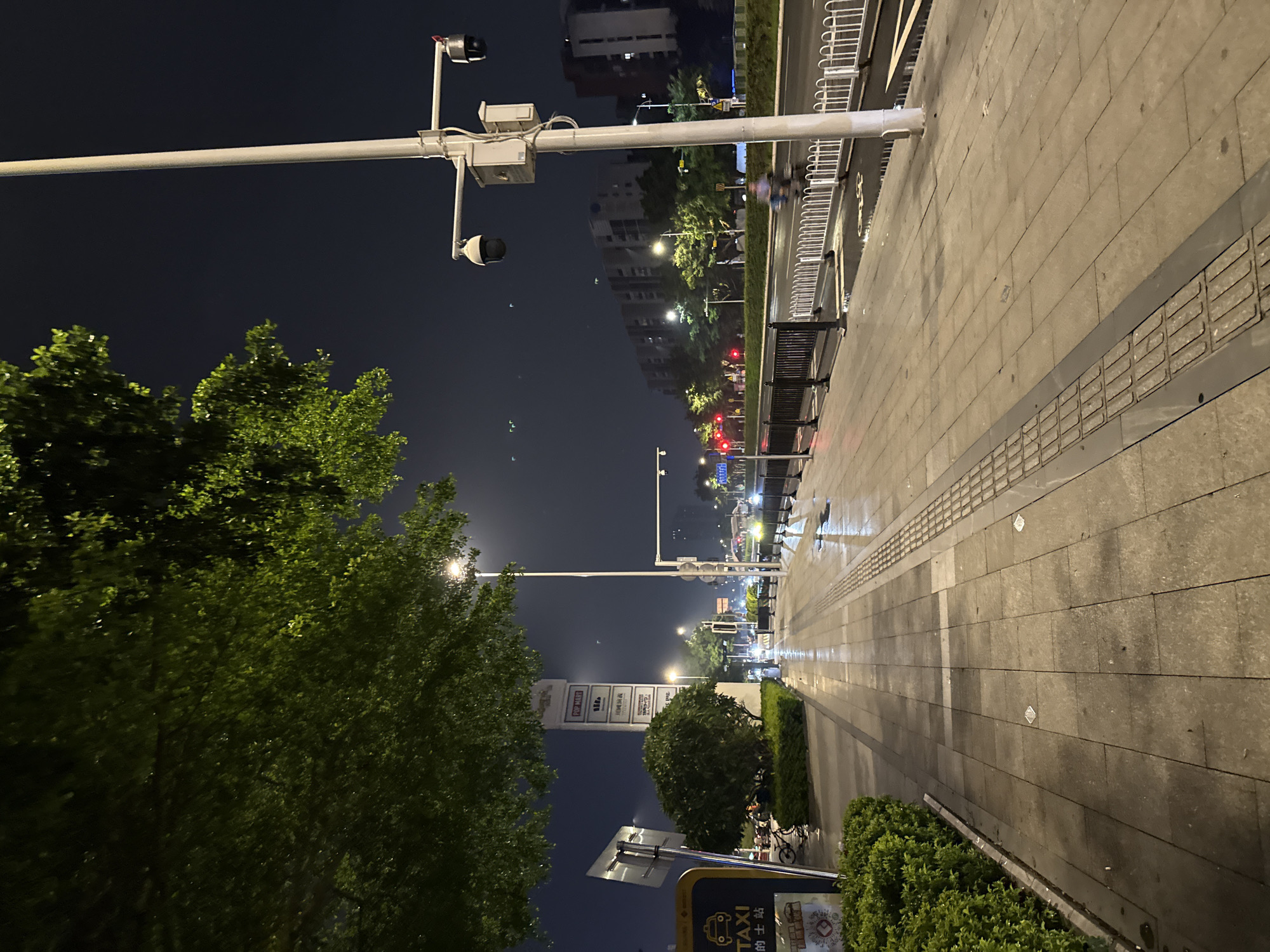 The image depicts a nighttime street scene in Haizhu District, China. The perspective is from a sidewalk, looking down a paved pathway bordered by green bushes and trees. A road with cars is visible to the left, and buildings line the street in the distance. Overhead, a tall pole supports streetlights and security cameras. Benches are placed along the sidewalk. The ground is wet, suggesting recent rain. The overall mood is quiet and urban.
Visible text includes signs on a building that appear to be store names, with one partially legible sign reading "BI-MART." There is also a yellow sign with Chinese characters that says "TAXI" and "的士站" (taxi stand).
The time of day is clearly night, indicated by the darkness of the sky and the artificial lighting. The wet pavement suggests it may have recently rained or is still raining lightly. The presence of streetlights, security cameras, and urban infrastructure points to a developed city environment. There are no people clearly visible in the foreground, but figures can be seen in the distance on the road.