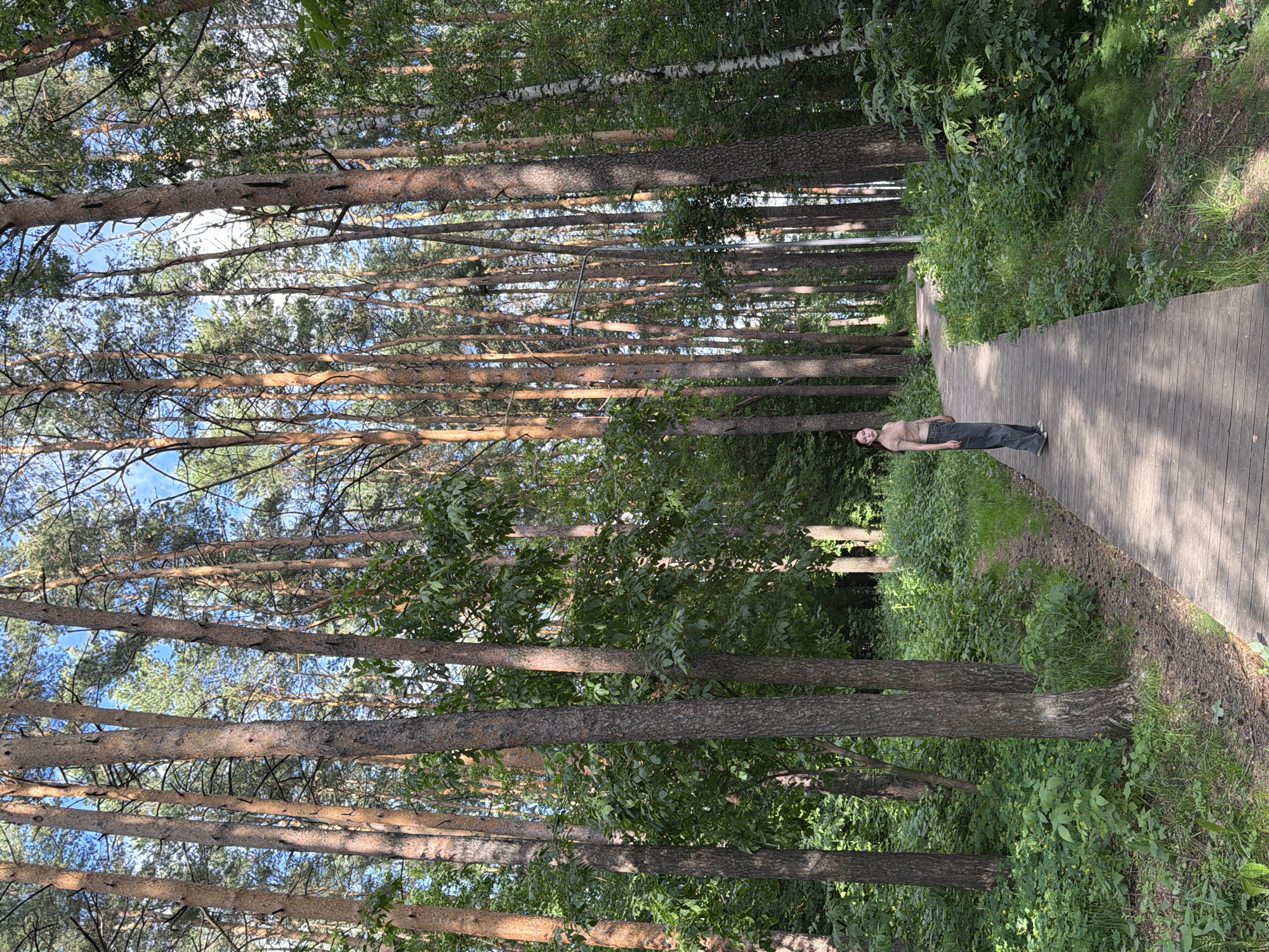 A young woman stands on a wooden boardwalk in a pine forest. She is wearing a light-colored cropped top and dark, wide-leg pants. The boardwalk curves to the right, leading into the dense forest. Tall pine trees with rough bark dominate the scene, their trunks creating a vertical pattern against the bright blue sky. Sunlight filters through the canopy, casting dappled shadows on the boardwalk and the surrounding undergrowth. The forest floor is covered in green foliage, with some dry pine needles and cones visible. The location is likely a park or nature trail within the city of Chaikovsky, Russia, as indicated by the presence of manicured paths and the overall appearance of a managed urban forest.