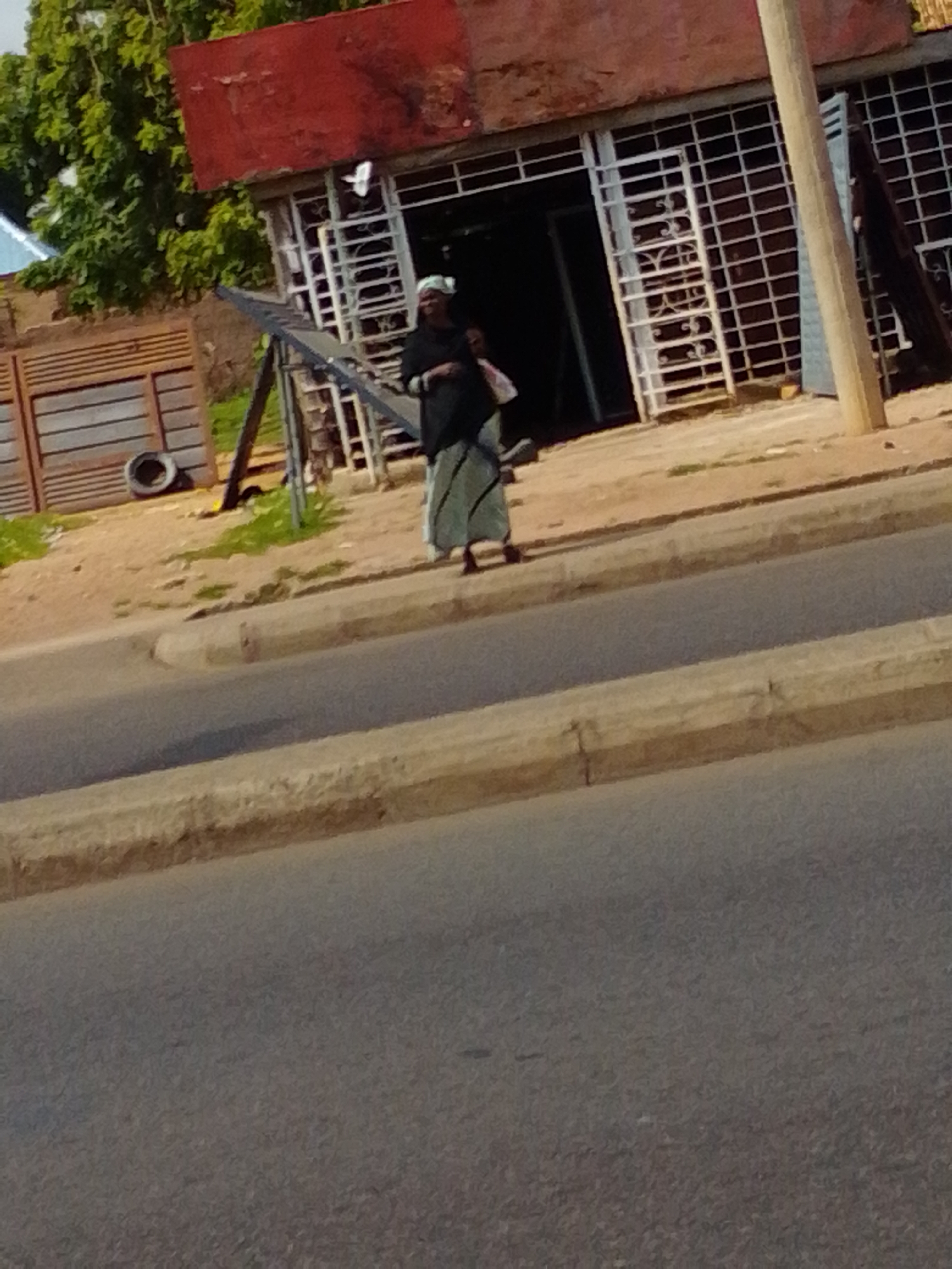 In Garko, Nigeria, a person stands on a dirt path next to a paved road. The individual is wearing a dark top and a long, patterned skirt. They are holding a white object, possibly a bag, in their left hand. Behind the person is a red-roofed building with a white metal grate covering its front. To the left of the building, a brown wooden fence is visible, and next to it, a black tire rests on the ground. A metal ladder leans against the building. The ground is a mixture of dirt and scattered green grass. The scene is illuminated by daylight.