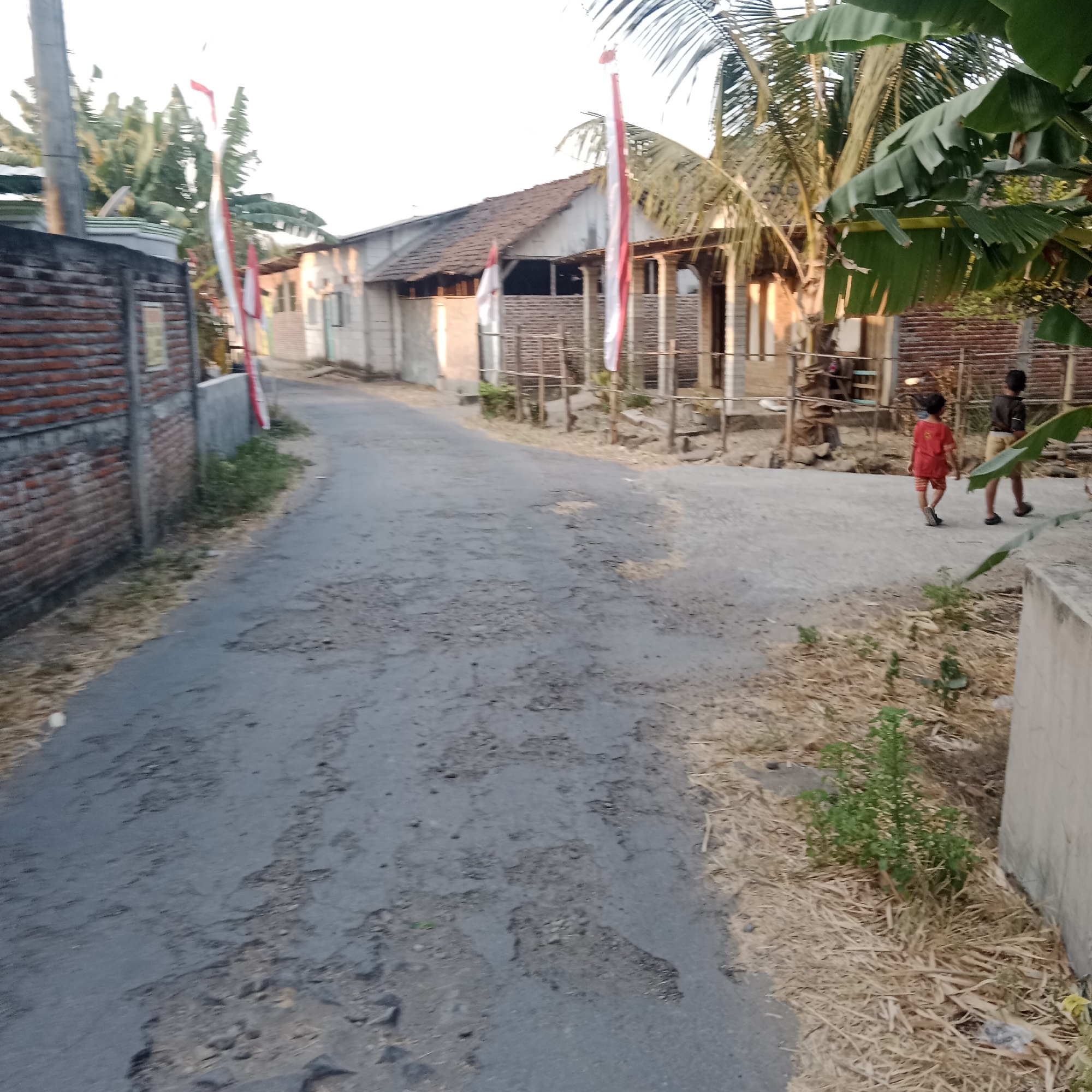 The image depicts a village street in Ngringin, Indonesia, with two young boys walking away from the camera. The street is paved with asphalt that shows significant wear and tear, with numerous potholes and cracks. On the left side of the street, there is a brick wall and a modest building. On the right side, there are houses with tiled roofs and some vegetation, including banana trees. Two Indonesian flags, red and white, are prominently displayed on poles near the houses. The scene appears to be set in the late afternoon or early evening, with soft, warm lighting. The overall environment suggests a rural or semi-rural setting within Ngringin.