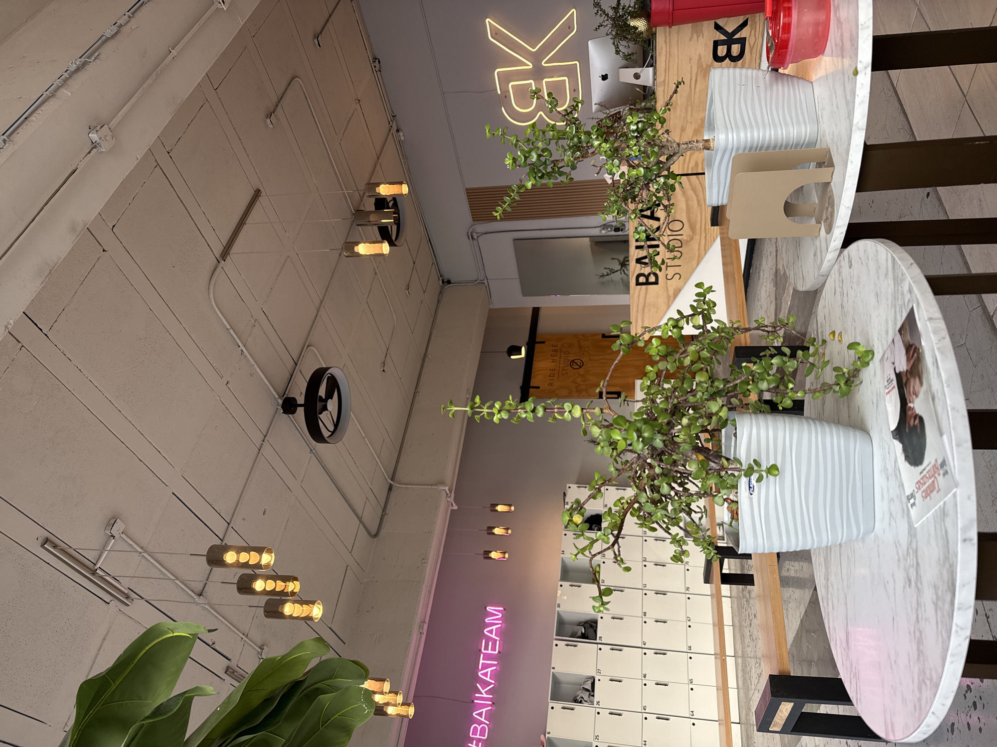 This image captures a brightly lit, modern indoor space, possibly a studio, co-working area, or cafe, featuring a blend of industrial and natural aesthetics. The perspective is slightly angled from above, looking across the room.
In the foreground, two round tables with white and grey marble-patterned tops are visible. Each table holds a potted jade plant in a textured white planter. On one table, a magazine is open, showing text that includes the word "Business." Accompanying the tables are dark-colored bench seating and a light-colored, minimalist stool.
Towards the mid-ground, a wooden surface serves as a counter or partition, bearing yellow neon signage that reads "BK" at the top, and "BAIKA STUDIO" printed directly below it. Behind one of the plants on this counter, part of a silver Apple iMac monitor is visible. Further back, a wall is lined with numerous white lockers, each numbered, suggesting personal storage. Below these lockers, a pink neon sign displays "#BAIKATEAM."
The ceiling is high, appearing to be light-colored concrete with exposed electrical conduits running across it. Several contemporary light fixtures hang from the ceiling, including multi-bulb chandeliers with cylindrical shades and single, industrial-style circular fans or lights. The plant pots have "PLASTIA" or similar branding visible. No people are present in the scene. The setting appears to be a well-designed, functional space, likely in an urban area such as Puebla, Mexico, as per the provided context.