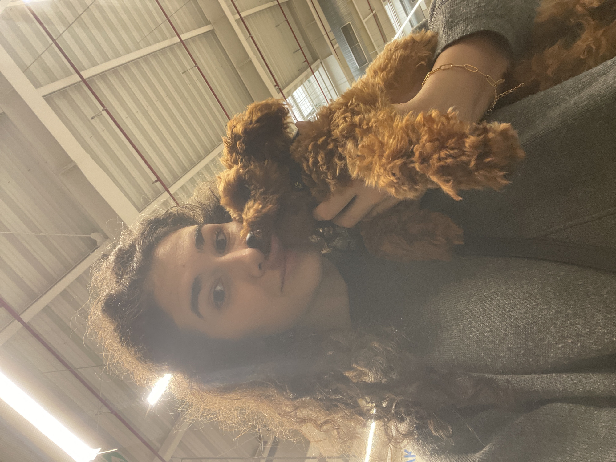 A woman with curly brown hair is holding a brown poodle dog. The woman is wearing a grey sweater and a gold bracelet. The background appears to be a commercial or industrial interior with a metal roof. The exact location in Sofia, Bulgaria cannot be determined from the provided image.