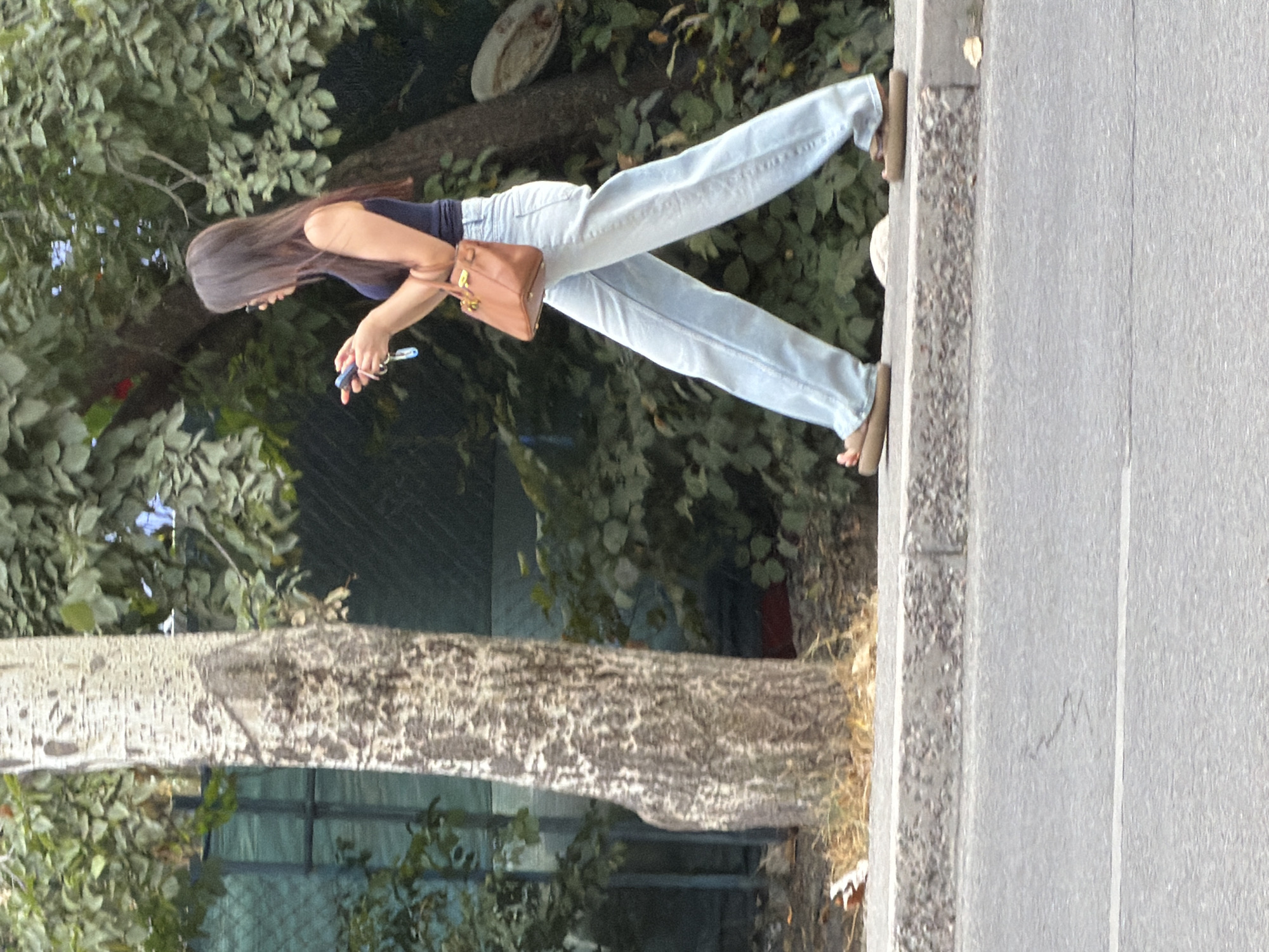A young woman with long dark hair is walking on a sidewalk next to a street. She is wearing a dark blue tank top, light blue wide-leg jeans, and brown sandals. She is carrying a small brown purse in her left hand and looking at her phone, which she is holding in her right hand. Behind her is a large tree trunk and lush green foliage. The background also shows a chain-link fence. The weather appears to be warm and sunny.