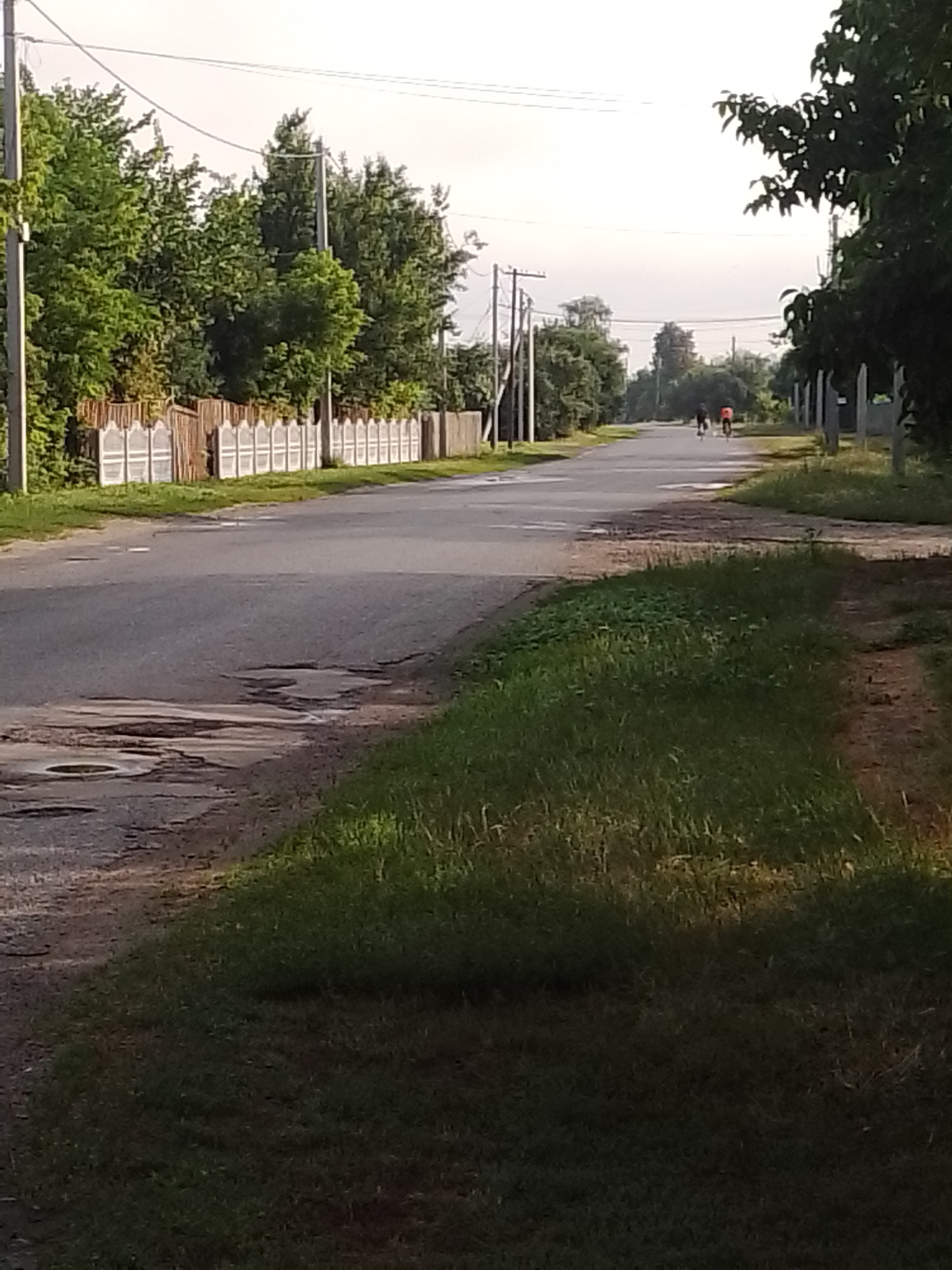 The image depicts a road in Ustyvytsia, Ukraine, with lush green trees lining the left side and a partial fence constructed of concrete sections and wooden posts. The road surface shows signs of disrepair, with several noticeable potholes, some of which contain water. Two individuals on bicycles are visible in the distance, riding away from the viewer down the road. The sky is overcast, suggesting either early morning or late afternoon light. The right side of the road features a grassy embankment.
