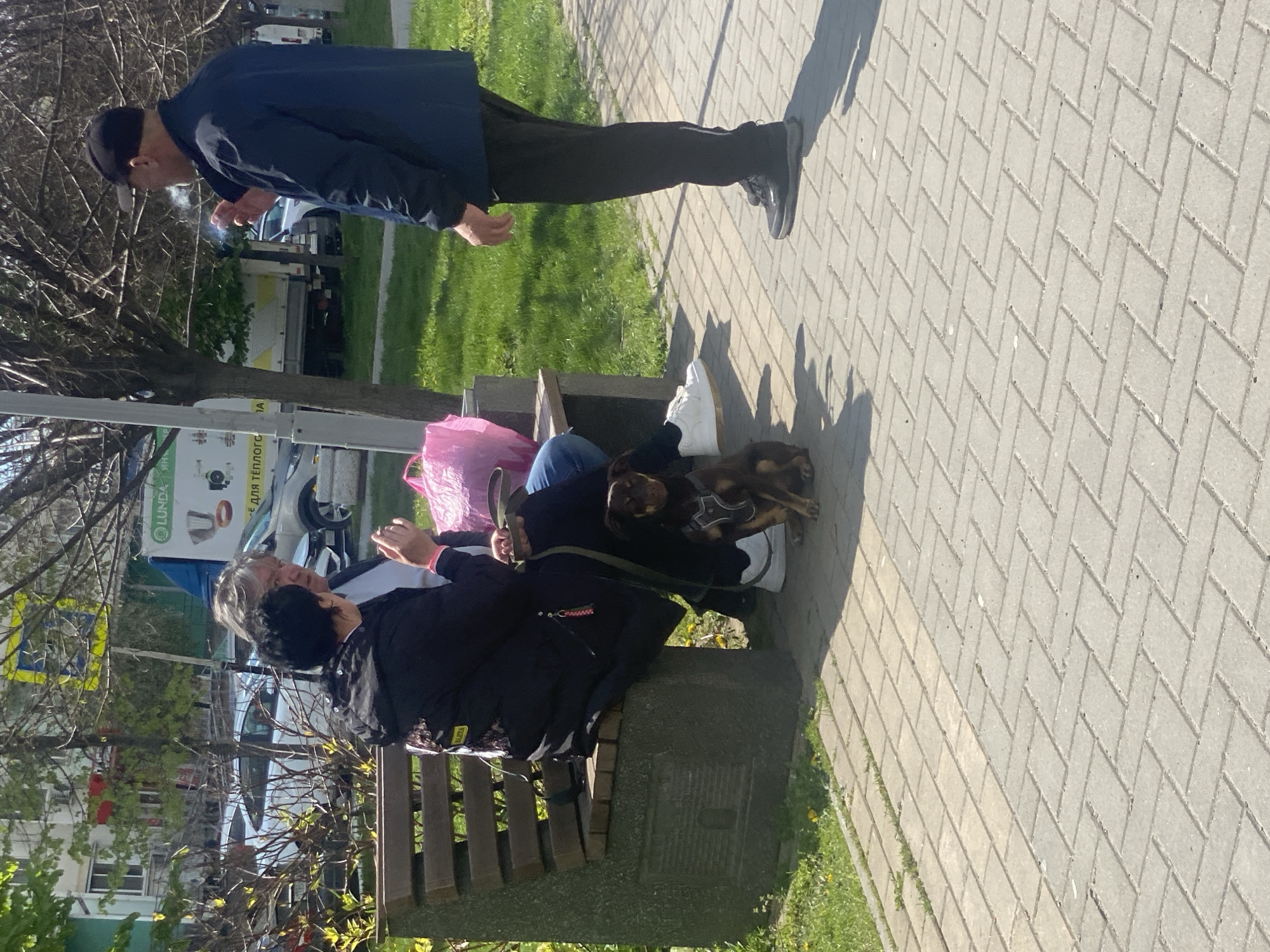 The image depicts an outdoor scene on a sunny day, likely in an urban or suburban park or promenade. Three individuals are present: one man standing on a paved path and two people seated on a park bench.
The standing man, dressed in a dark jacket, dark pants, and a dark cap, appears to be smoking, with a plume of smoke or vapor visible near his face. His shadow is cast prominently on the light-colored paved walkway, which features a herringbone pattern.
On the park bench, two individuals are seated. One has lighter hair, and the other is wearing a dark jacket. They are accompanied by a dark brown dog, possibly a Rottweiler or a similar breed, which is sitting or lying next to the bench. The dog appears to be wearing a black muzzle or a head harness. A pink plastic bag rests on the bench next to the seated individuals.
The scene is brightly lit by the sun, casting strong, defined shadows. Bare tree branches suggest early spring or late autumn, though the grass is green. In the background, there are parked cars, buildings, and a street pole with signs. One sign is green and clearly displays the word "LUNDA," with partially visible Cyrillic text below it that reads "ДЛЯ ТЁПЛОГО" (DLYA TEPLOGO), which translates to "for warm" or "for heating." The overall atmosphere appears relaxed and casual.
