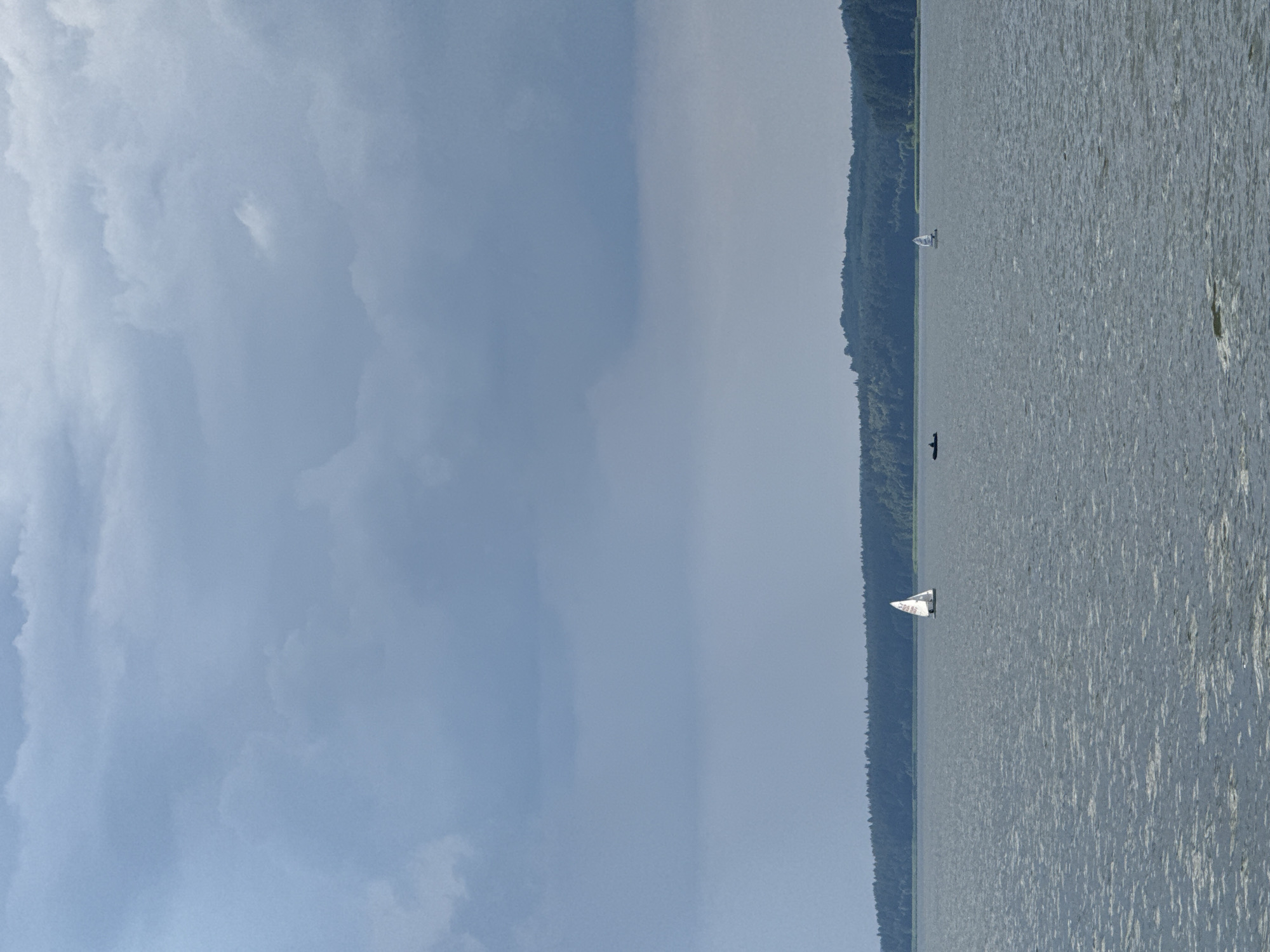 The image depicts a wide expanse of water, likely a lake, under a cloudy sky. In the distance, a dense treeline forms the horizon, suggesting a natural landscape. Three sailboats are visible on the water. One sailboat, with white sails, is positioned closer to the foreground on the left side of the image. Further out on the water, a dark, smaller object, possibly a kayak or a small boat with a person, is visible. To the right, another sailboat with white sails is present, much farther away than the first. The water is choppy, indicating some wind. The overall atmosphere is overcast and potentially cool. The scene is likely Votkinsk Reservoir in Votkinsk, Russia, given the common association of this body of water with the city.