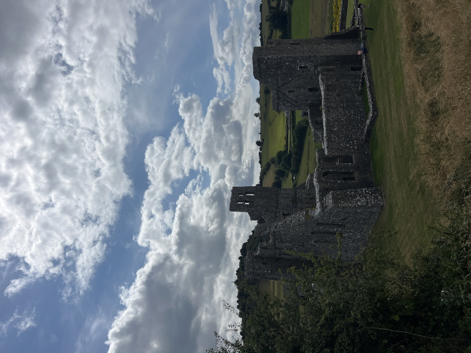 The image shows the ruins of an ancient stone building, possibly a monastery or castle, under a partly cloudy sky. The structure is made of rough-hewn grey stones and features crumbling walls and arched openings. A prominent square tower stands on the left side of the ruins. The building is set in a grassy landscape with rolling green hills in the background. Some trees and foliage are visible in the foreground and around the ruins. A few people are present in the scene, appearing as small figures on the grass near the ruins, suggesting it is a tourist or historical site. The overall impression is one of historical significance and natural beauty.