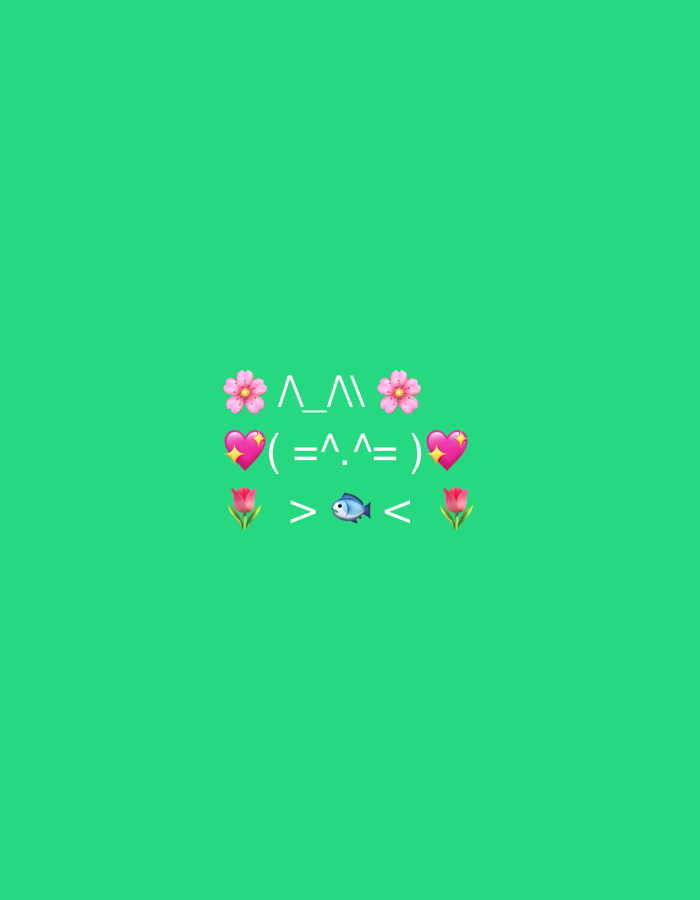 The image displays a playful arrangement of emojis and text centered on a vibrant green background. The central element is a face-like composition formed by various symbols. At the top, two pink cherry blossom emojis flank a " ^ _ ^ \\ " text, resembling eyes and eyebrows. Below this, two pink heart emojis enclose a " ( = ^ . ^ = ) " text, suggesting a smiling mouth. At the bottom, two pink tulip emojis are positioned on either side of a fish emoji, with '>' and '<' symbols acting as borders. The overall composition evokes a cute and cheerful aesthetic. There is no discernible connection to the city of Tbilisi, Georgia, as the image lacks any contextual or environmental cues indicative of a specific location.