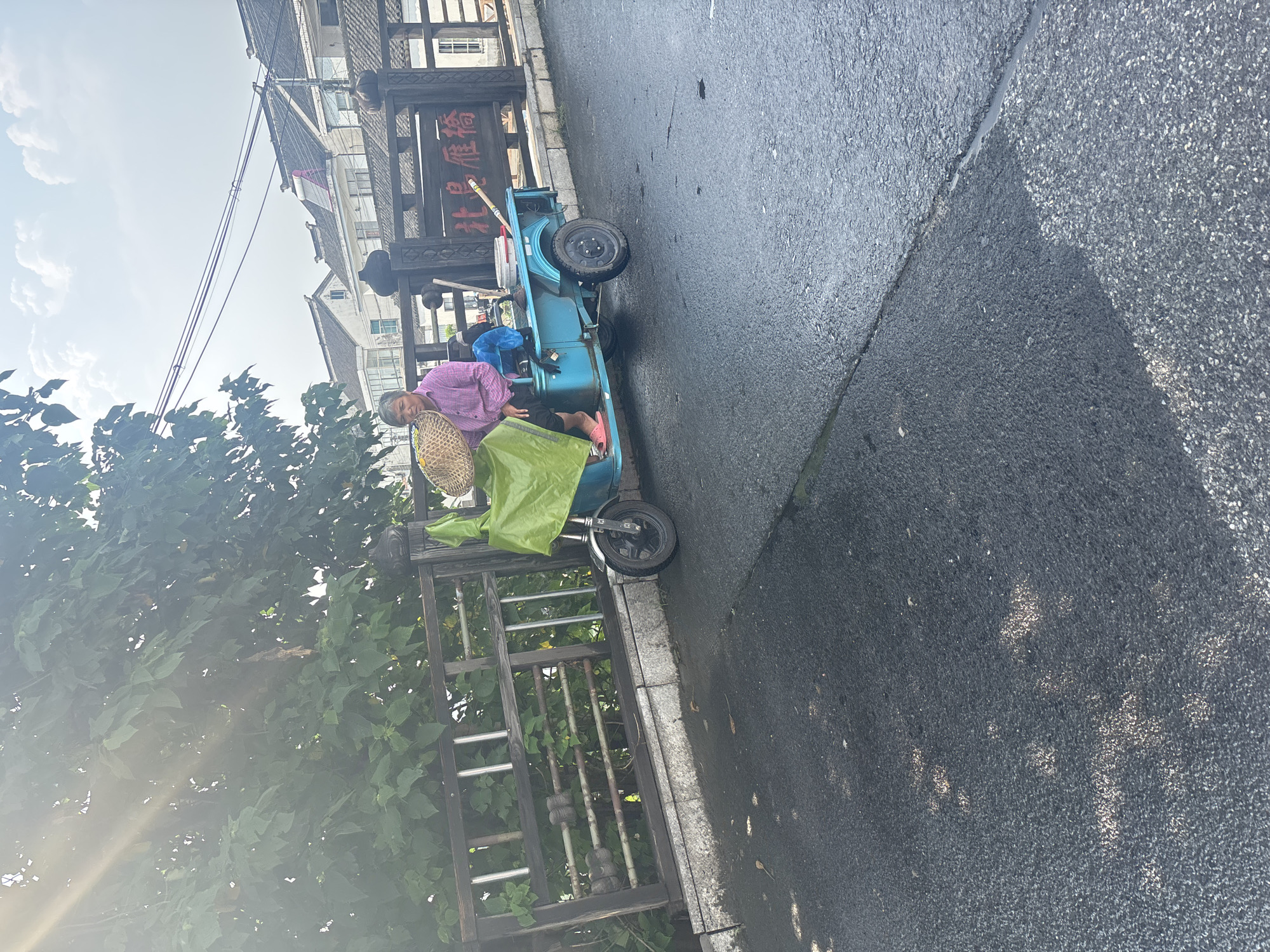 In the Wuzhong District of China, a woman sits on a blue three-wheeled vehicle. She is wearing a pink shirt and pink sandals. In front of her, a woven hat rests on the vehicle, and a green tarp covers part of it. The vehicle is parked on a wet asphalt road, with a wooden fence and lush green foliage to the left. In the background, traditional Chinese architecture with tiled roofs lines the street, and a sign with Chinese characters is visible on a wooden structure. Power lines stretch across the sky, and the sun shines through the trees, casting rays of light.