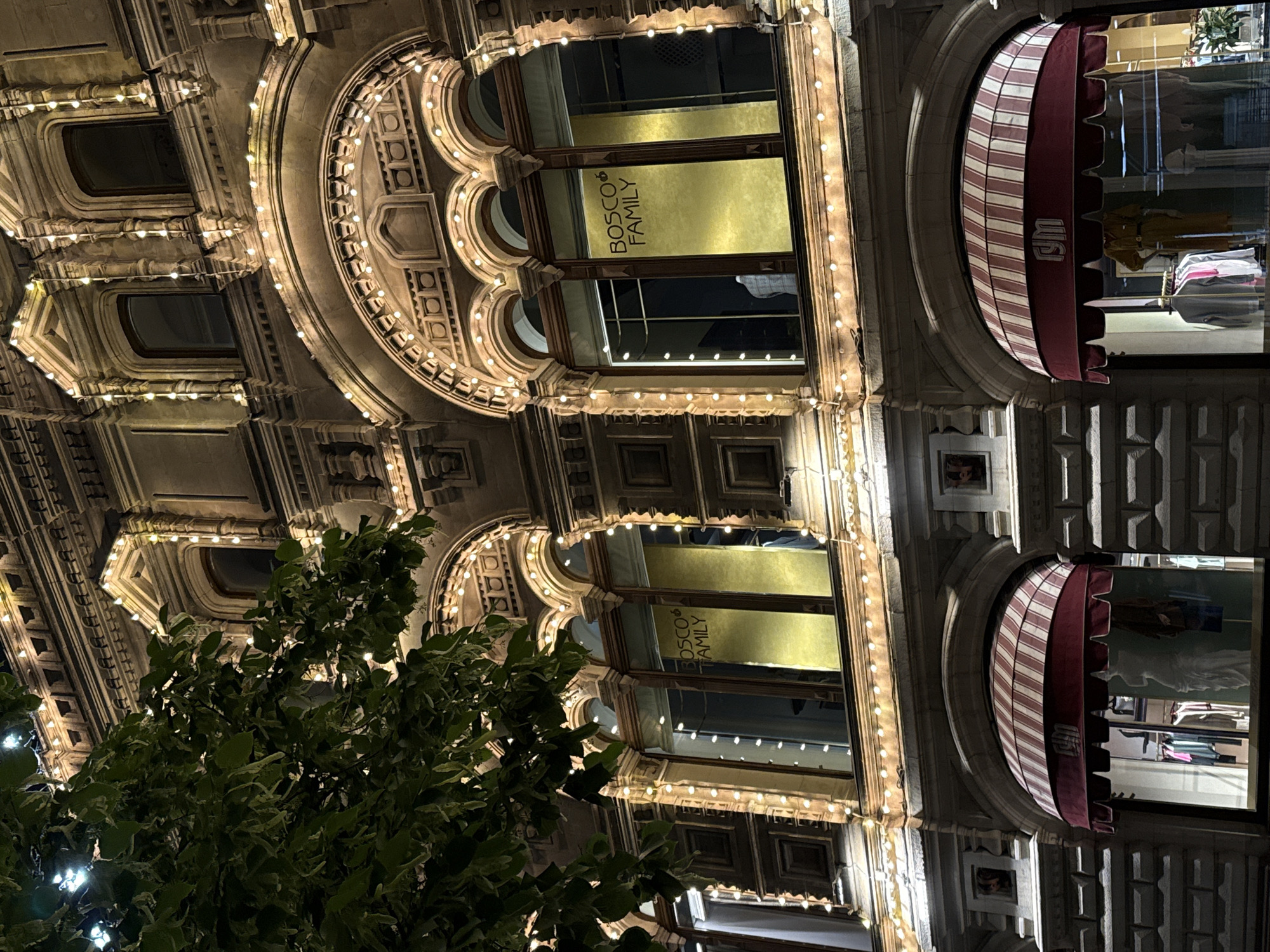 This is a low-angle, night-time view of a building facade, probably the GUM department store in Moscow, Russia, identified by the "Bosco Family" sign visible in the windows. The building features ornate architectural details, illuminated by strings of small lights. There are multiple arched windows. Some windows are covered with awnings, patterned with red and white stripes. Clothes displays are visible behind the windows. A tree with green and white leaves partially obstructs the lower-left portion of the view.