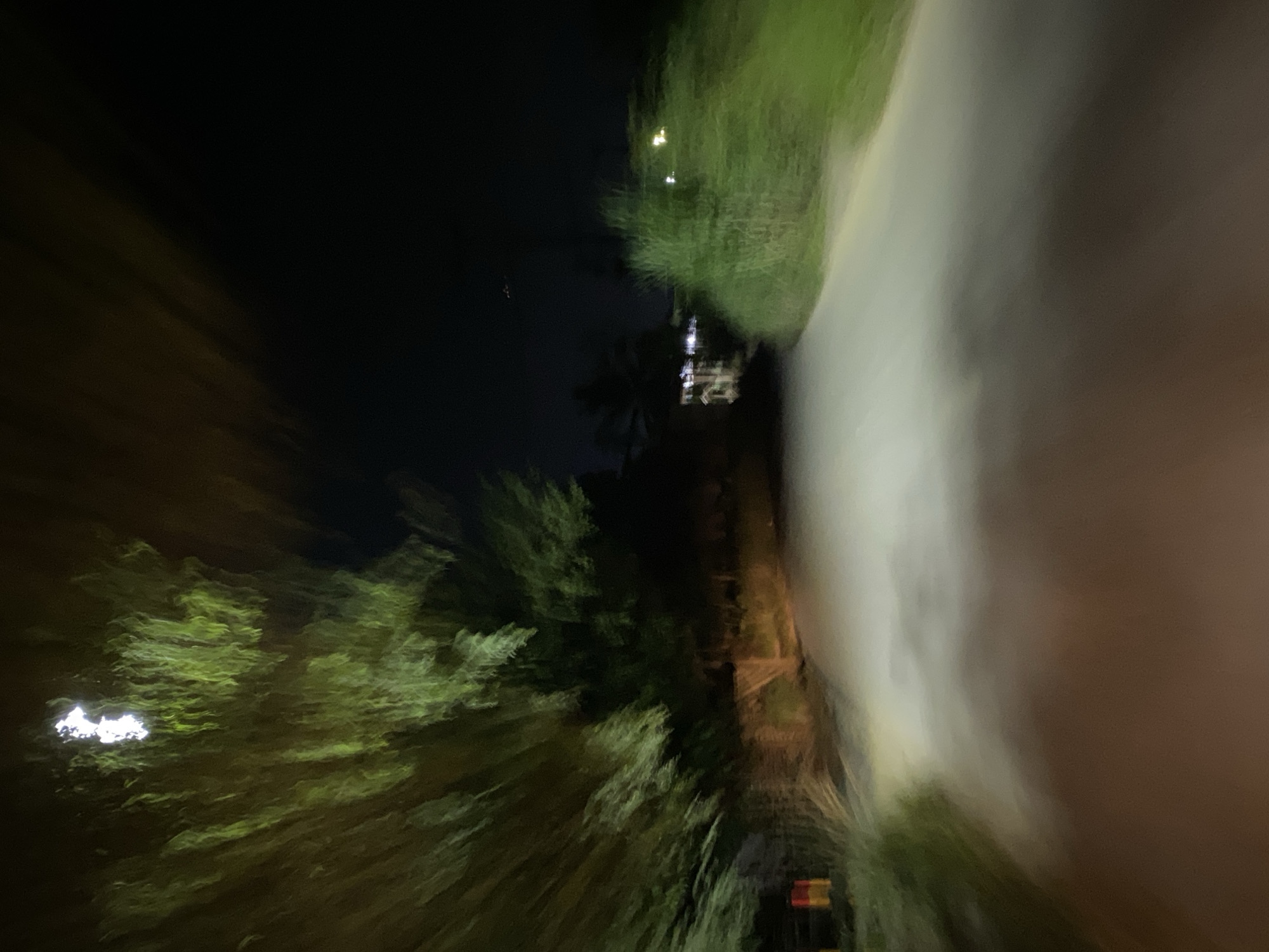 The image depicts a road at night, possibly in Lhokseumawe, Indonesia. The perspective suggests the photo was taken from a moving vehicle, resulting in motion blur. On the left side of the road, trees and vegetation are visible, illuminated by artificial lights, creating streaks of green and white. The darkness of the night sky is prominent. On the right, the road itself is lighter in tone, with a blurred texture. In the distance, there are hints of buildings and streetlights, suggesting a semi-urban or rural environment. The overall impression is one of travel through a dimly lit landscape at night. No people are clearly discernible in the image.