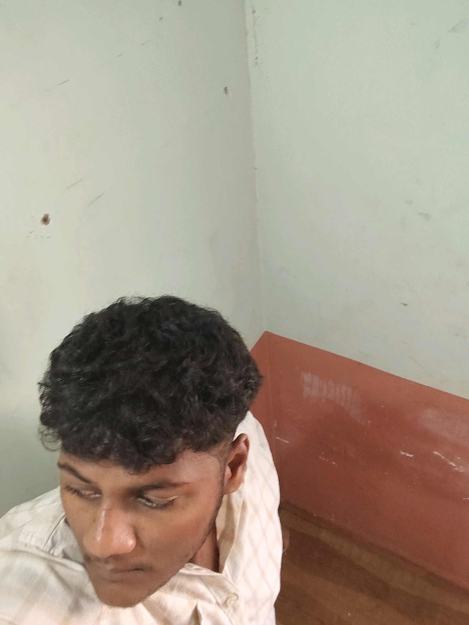 In Belagavi, India, an overhead, medium shot shows the upper body of a young person with dark, curly hair. The individual is looking down and to their left, with their eyes partially closed. They are wearing a light-colored, button-up shirt. The background consists of a wall that is painted in two distinct sections: the upper portion is a pale green, and the lower portion is a reddish-brown, possibly indicating a wainscoting. The wall has several minor marks and smudges. The lighting is even, and there are no strong shadows. The scene appears to be indoors, possibly in a room or a hallway.