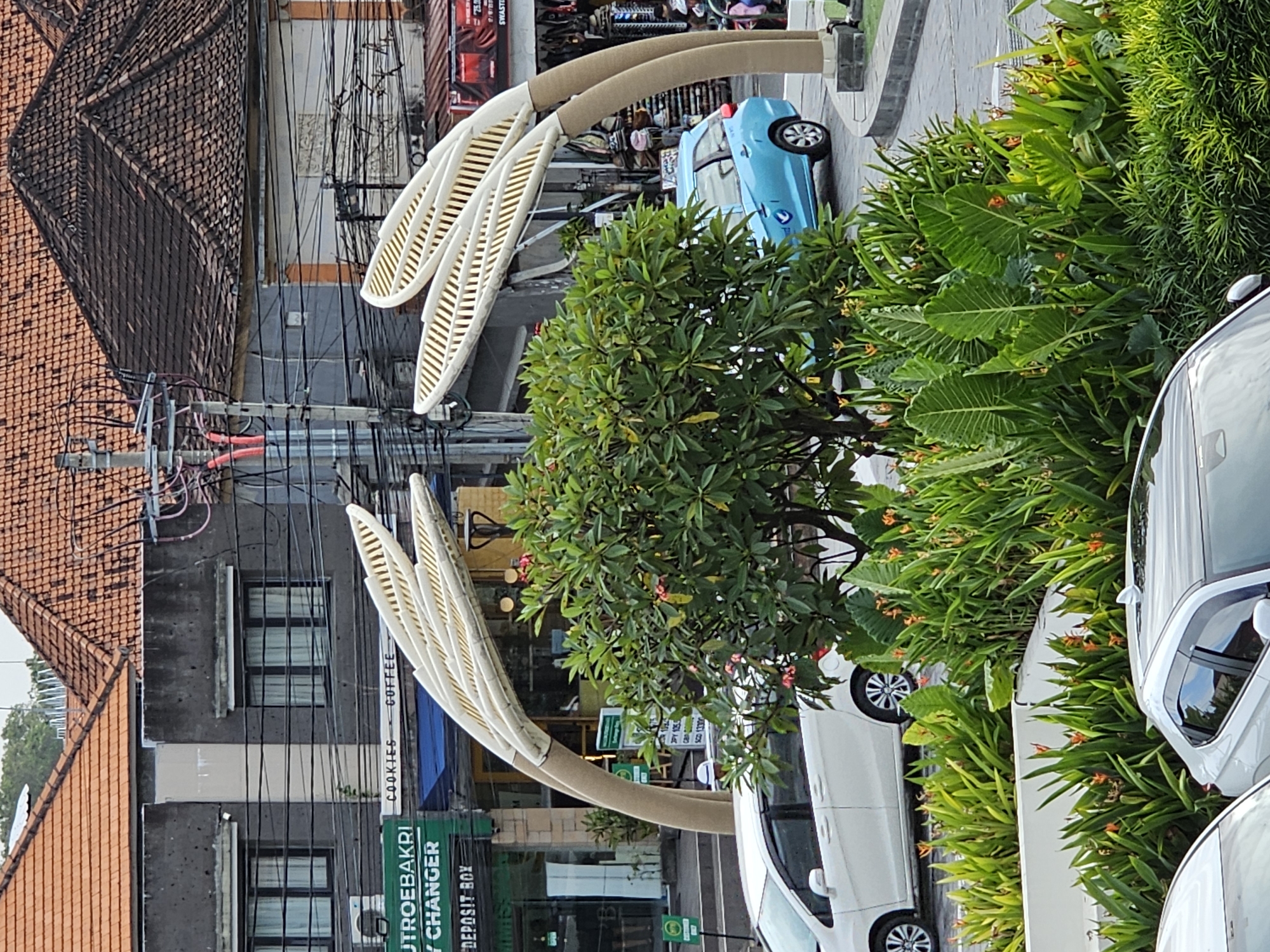 The image shows a street scene in Denpasar, Indonesia, likely a commercial area with shops and businesses. In the foreground, lush green tropical plants and flowers are visible, along with the tops of several white cars. Behind the foliage, a distinctive modern art installation resembling two large, stylized palm fronds curves upwards. One palm frond is white with gold accents, and the other appears to be the same. They are supported by beige cylindrical bases.
In the middle ground, a bright blue minivan is parked on the street, partially obscured by the art installation and foliage. To the left of the art installation, a white sedan is parked. In the background, buildings with terracotta-tiled roofs and gray facades are visible. Signs on one of the buildings indicate "COOKIES COFFEE" and "UTROEBAKRI Y CHANGER". Utility poles with numerous wires are also prominent in the background. The overall impression is a vibrant, tropical urban environment.