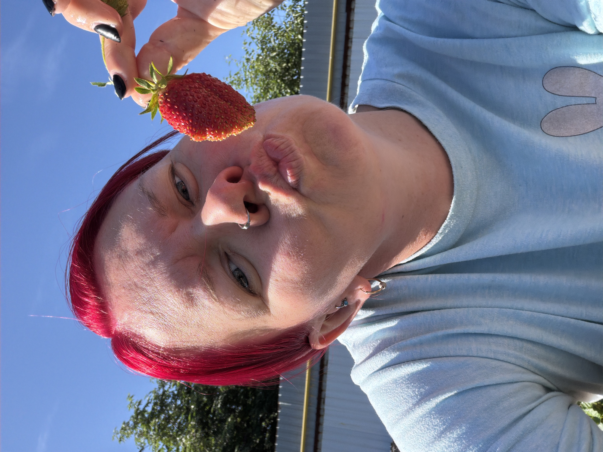 A person with bright red hair and a nose ring is holding a strawberry up to their face and puckering their lips. They are wearing a light blue t-shirt. The background is a clear blue sky with some greenery and a fence. The scene appears to be outdoors, possibly in a yard or garden, given the presence of greenery and the fence.