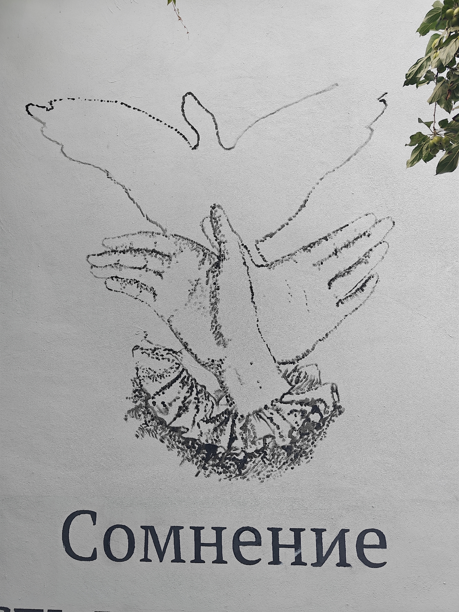 A black and white photograph captures a wall with a drawing and text. The drawing depicts two hands cupped together at the wrists, forming the outline of a dove in flight. The hands are rendered with dotted lines and shading, appearing somewhat abstract. The wrists are adorned with a ruffled collar-like detail. Above the hands, the faint outline of a dove's body and wings is suggested by a sparse dotted line. To the right of the drawing, the upper branches of a tree with green leaves and small green fruits are visible against the wall. Below the drawing, the Russian word "Сомнение" (meaning "Doubt") is written in large, dark, serif capital letters. The image appears to be taken outdoors, possibly in an urban setting, given the presence of a wall and the foliage. There are no people or animals visible in the photograph. The textured surface of the wall is apparent. Based on the text, this is likely located in Moscow, Russia.