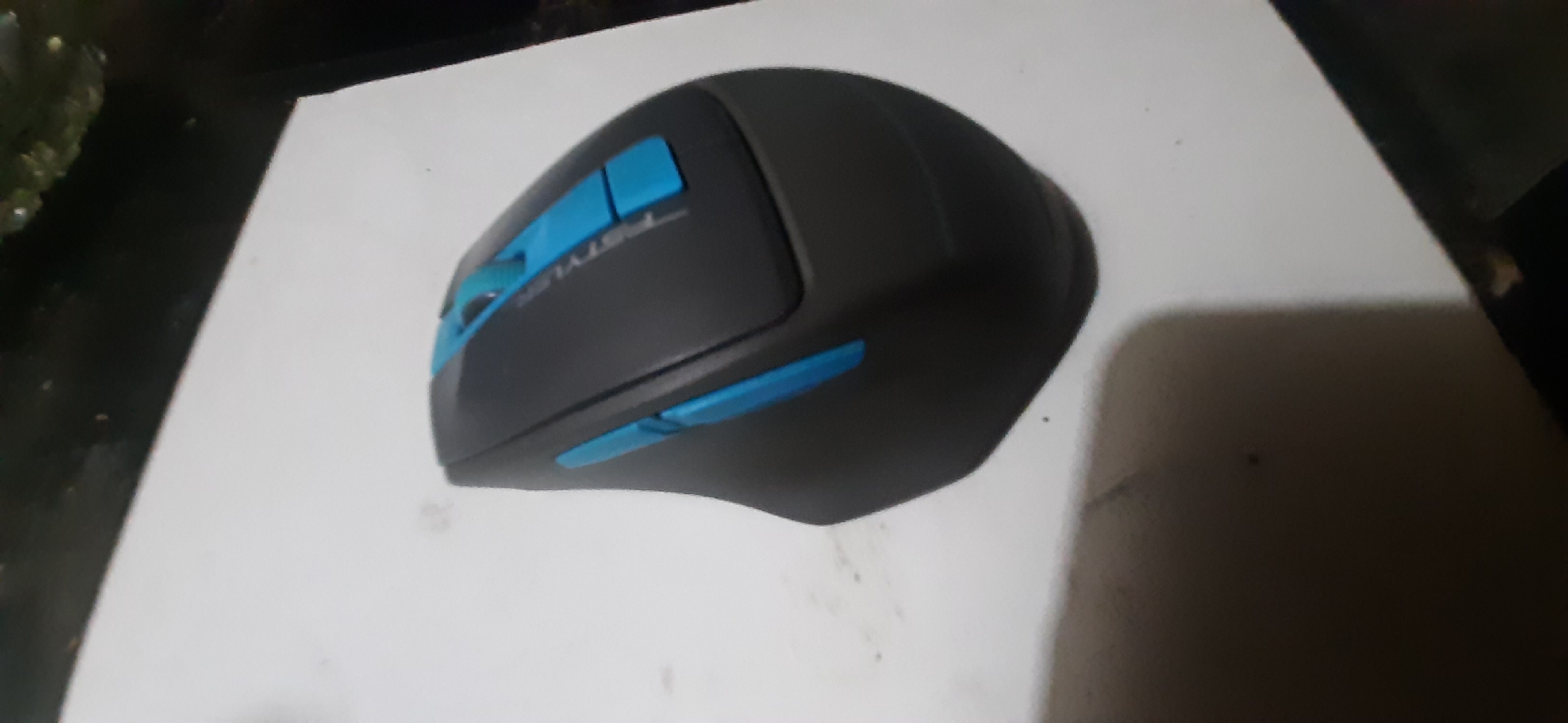A black and blue computer mouse rests on a white surface. The mouse has two prominent blue buttons on its top surface and a blue scroll wheel. The word "PSTYLERS" is visible in gray lettering on the top of the mouse. The surface the mouse is on appears to be paper. The background is dark and out of focus, with some green vegetation visible in the upper left corner. The scene is indoors. The location in the city of Yessentukskaya, Russia cannot be determined from the image.