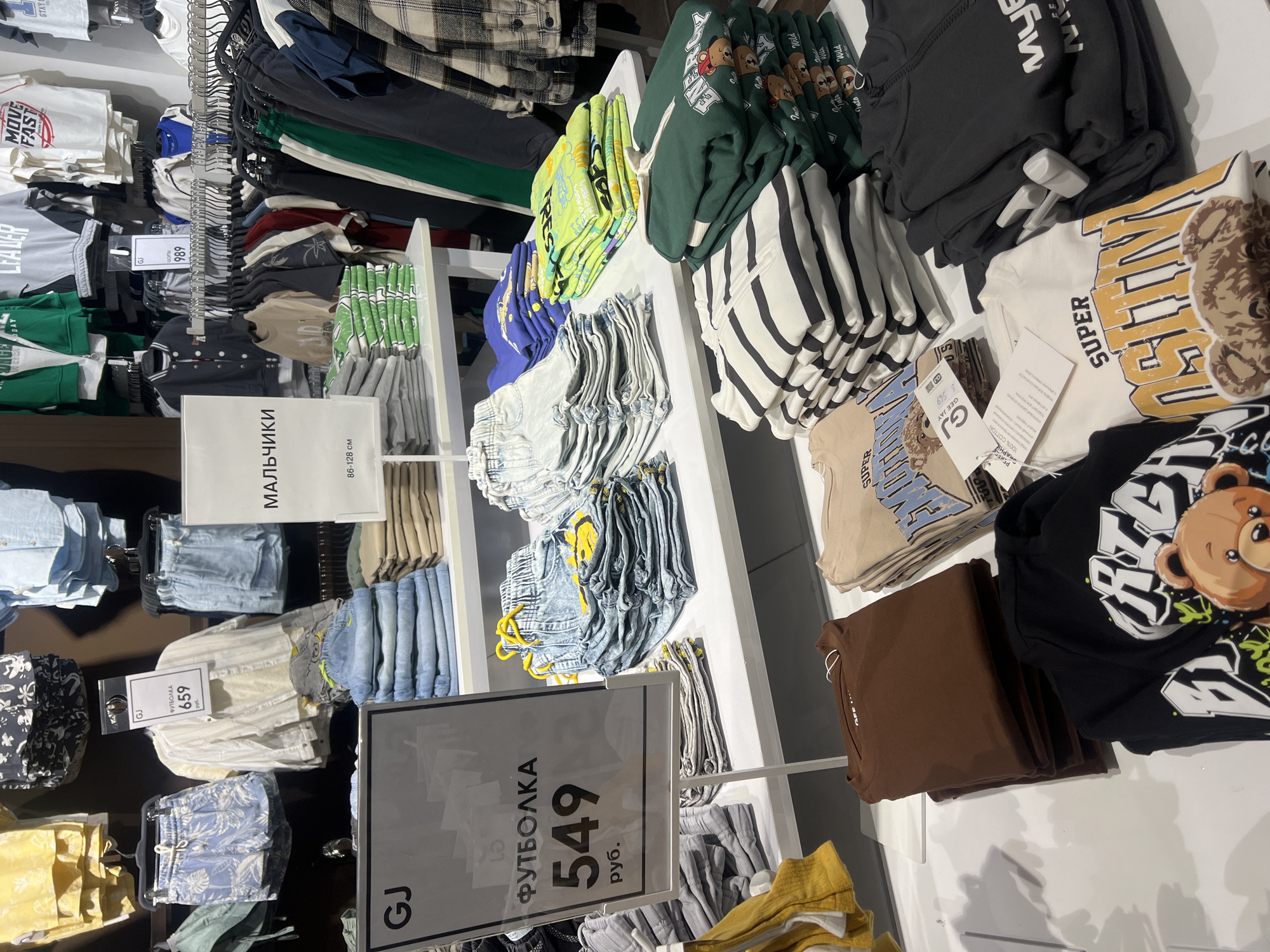 This image shows a rack of clothes for sale at a retail store. The clothes are folded and stacked on shelves, and there are price tags attached to some of the items. The prices are in Russian rubles. The clothes are for children, specifically boys. The environment is a brightly lit retail space.